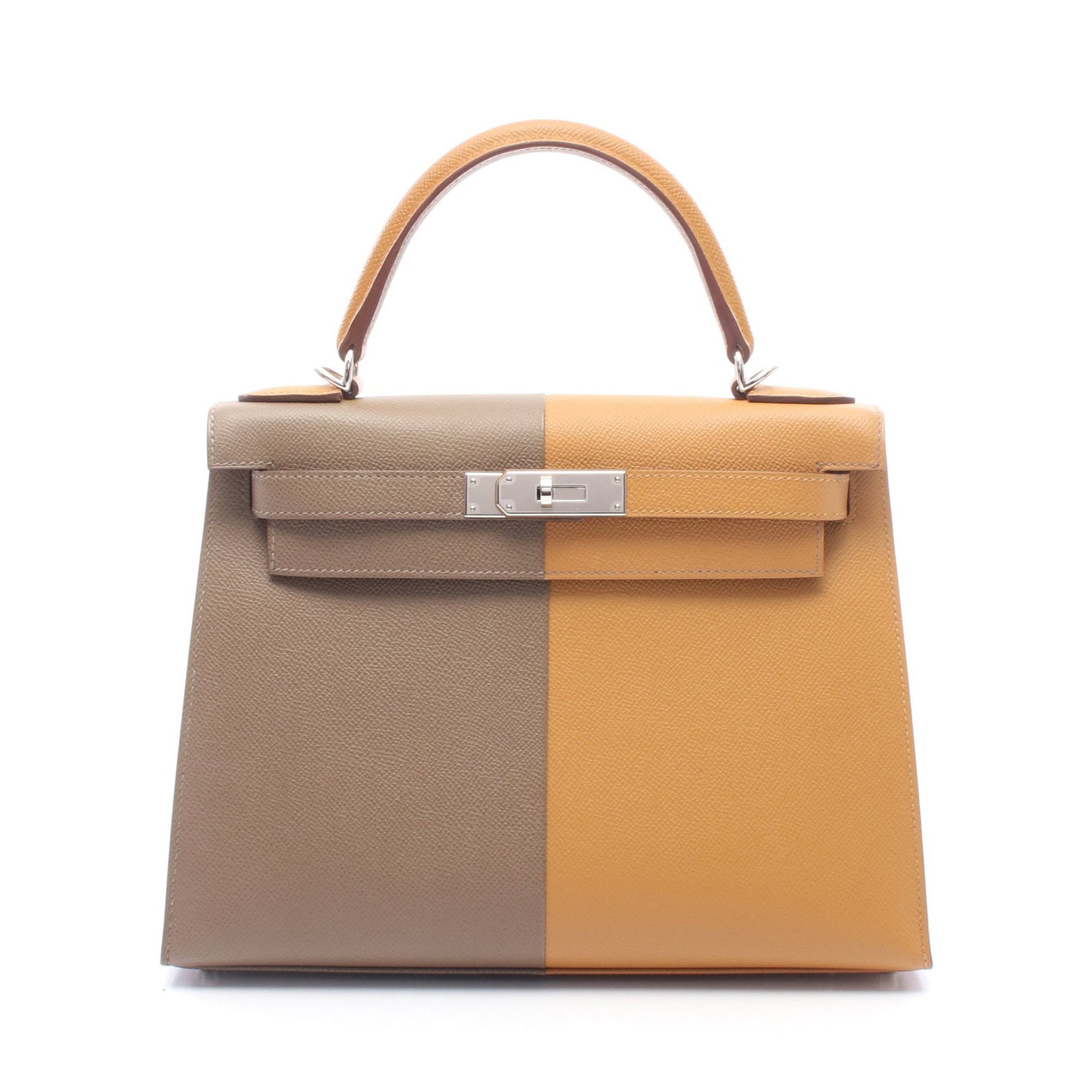 Hermes Kelly 28 Sesame Etoupe: Light brown and gray-brown Veau Epsom 2-way handbag with shoulder strap, crochet, padlock, and keys.