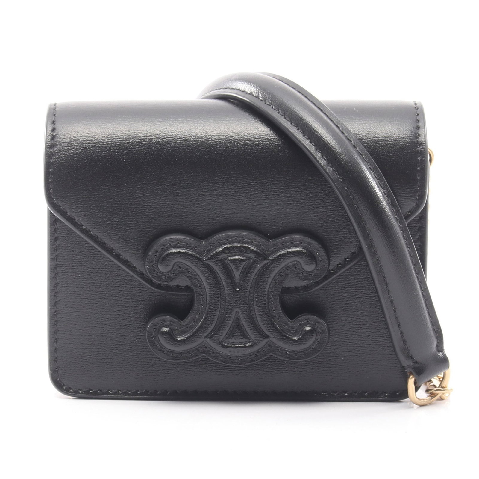 Celine Cuir Triomphe Mini Chain: Black leather mini chain shoulder bag.