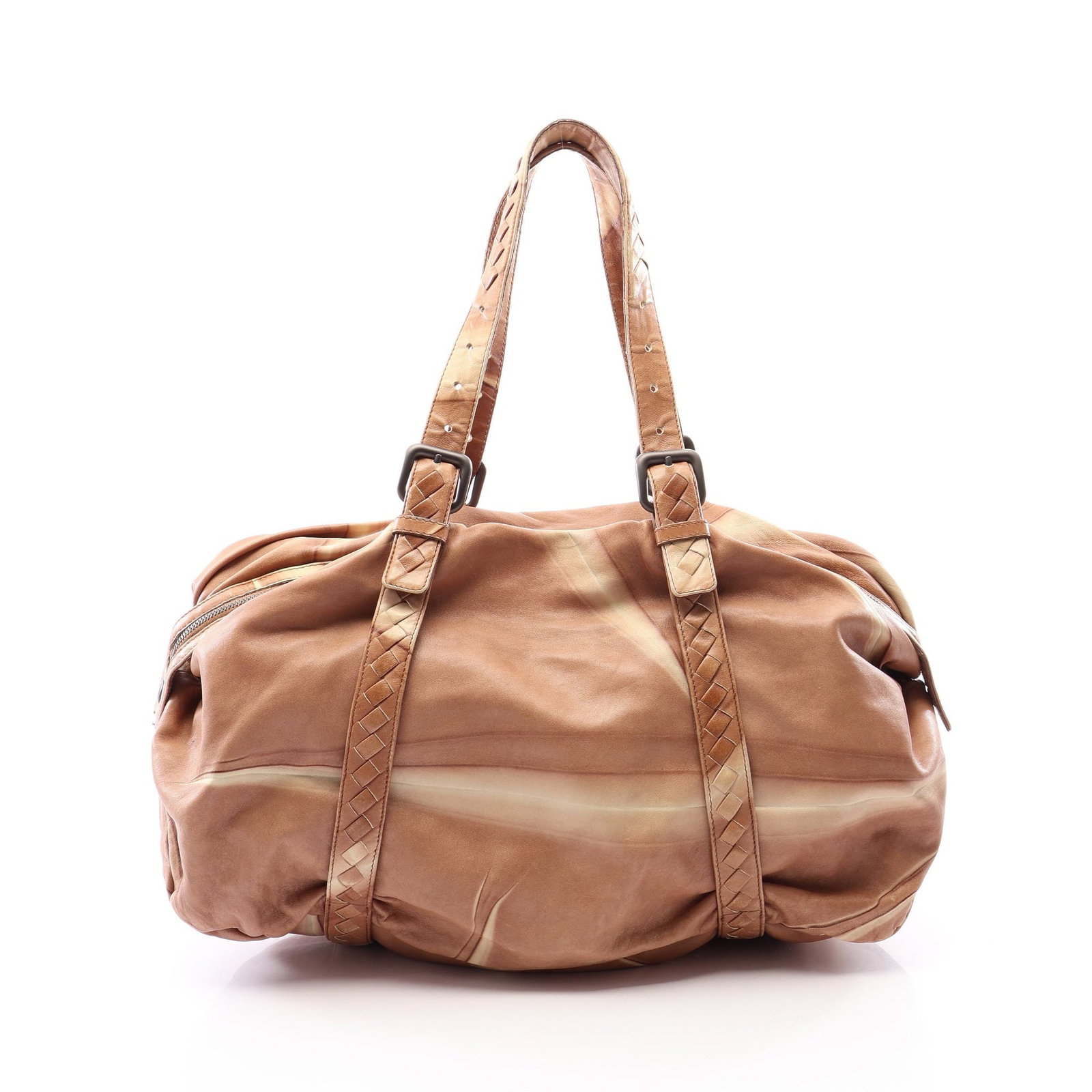 Bottega Veneta Intrecciato Boston: Brown and beige leather Boston bag.