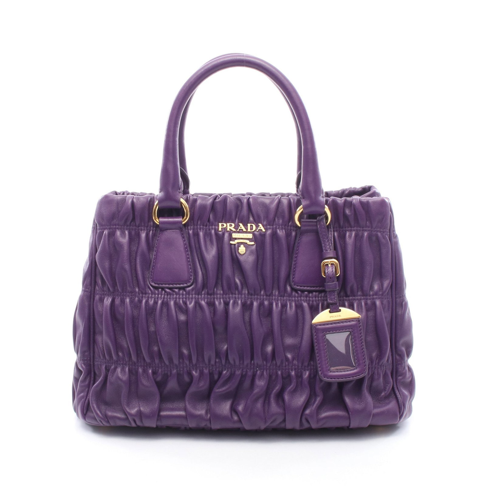 Prada Leather Handbag Purple: Purple leather handbag with name tag.