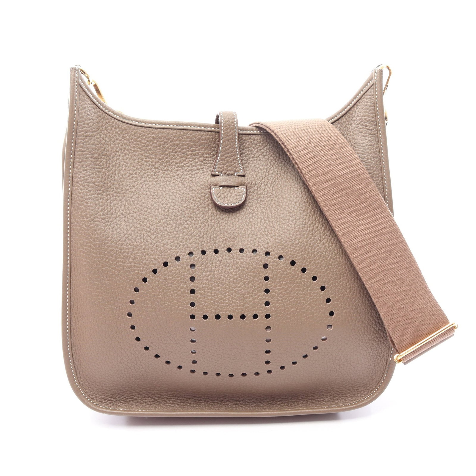 Hermes Evelyne III PM Etoupe: Etoupe Clemence leather shoulder bag with gold-tone hardware.