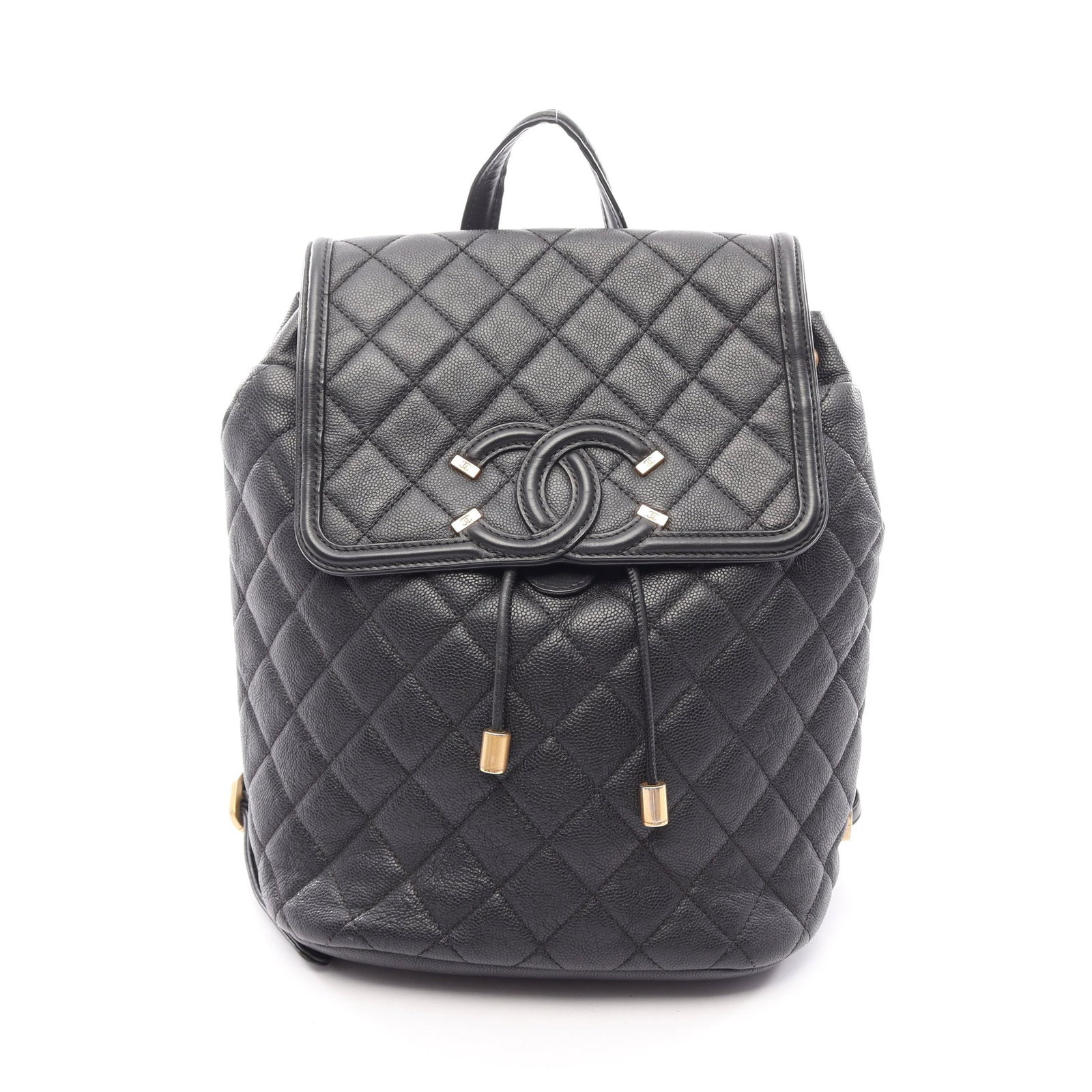 Chanel CC Filigree Backpack Black: Black caviar skin backpack with gold-tone hardware, guarantee card, and serial seal.