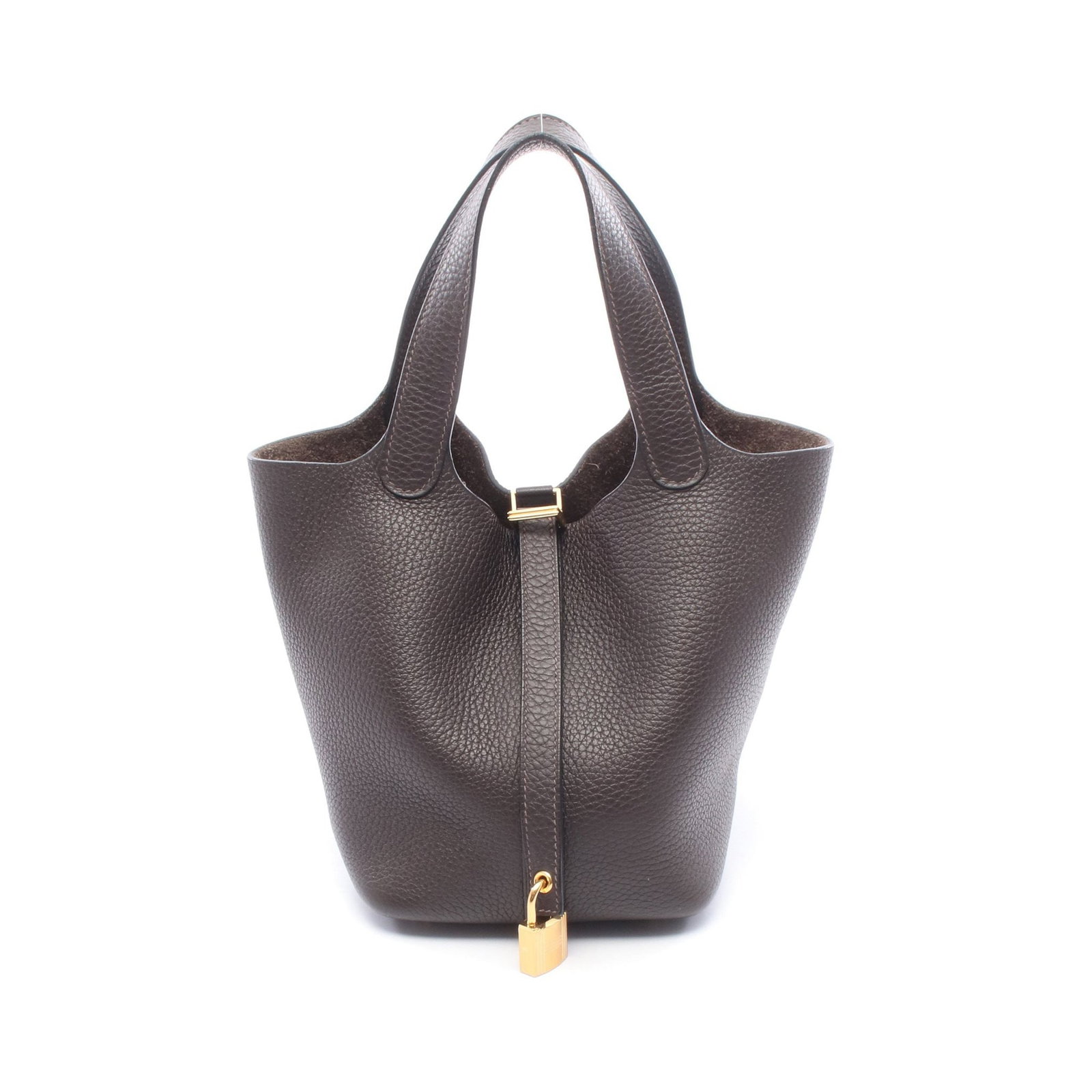 Hermes Picotin Lock PM Ebene: Dark brown Clemence leather handbag with padlock and keys.