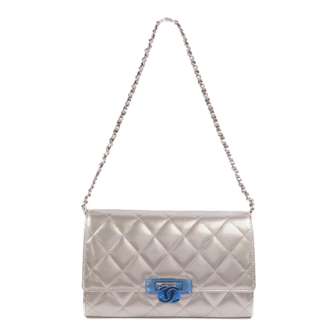 Chanel WOC Patent Silver: Silver patent leather wallet on chain with guarantee, case, and hologram sticker.