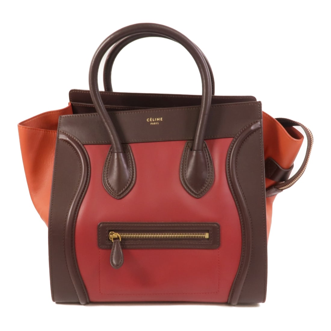 Celine Mini Luggage Red Brown: Red and brown calfskin handbag.