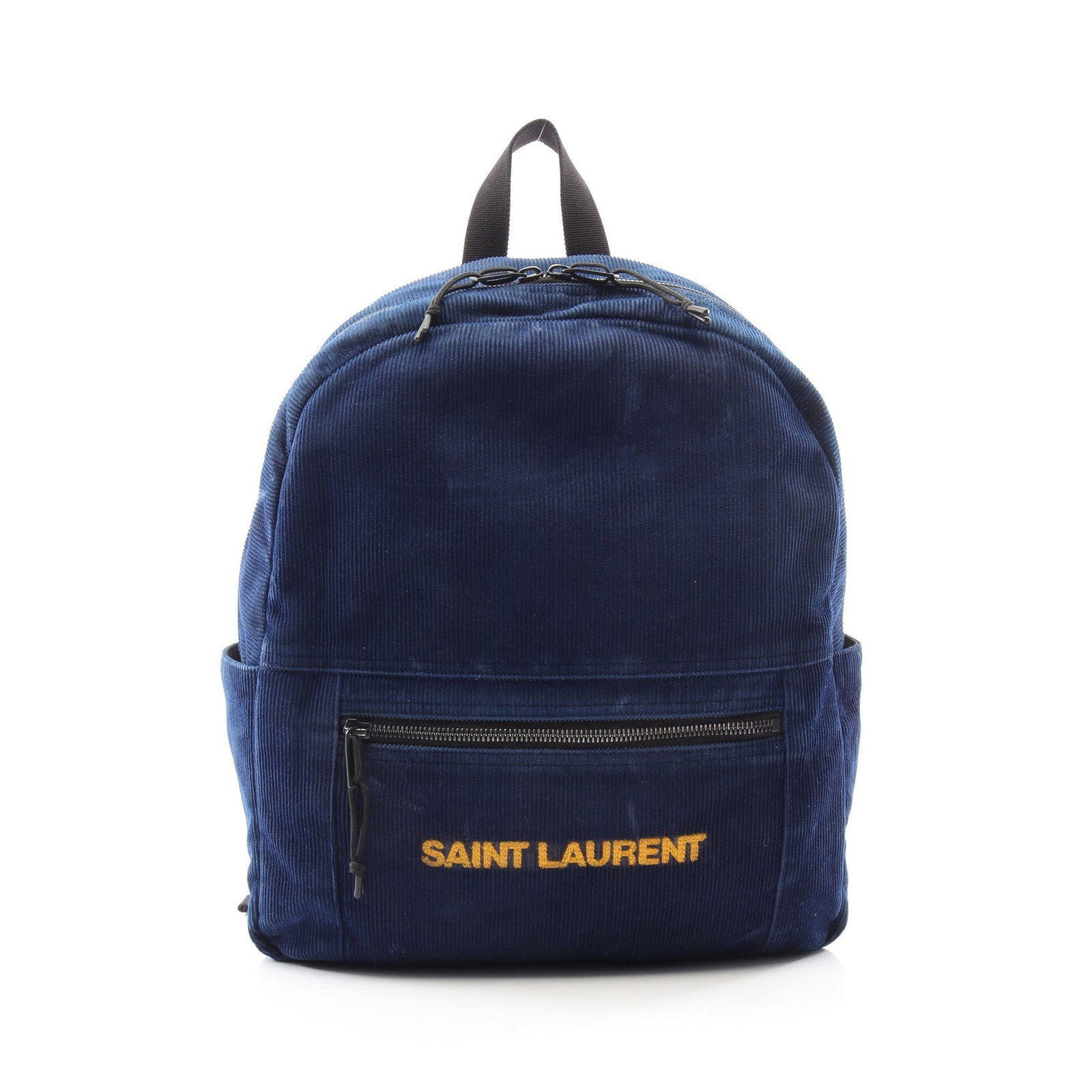 Saint Laurent Corduroy Backpack: Dark blue and yellow corduroy backpack.