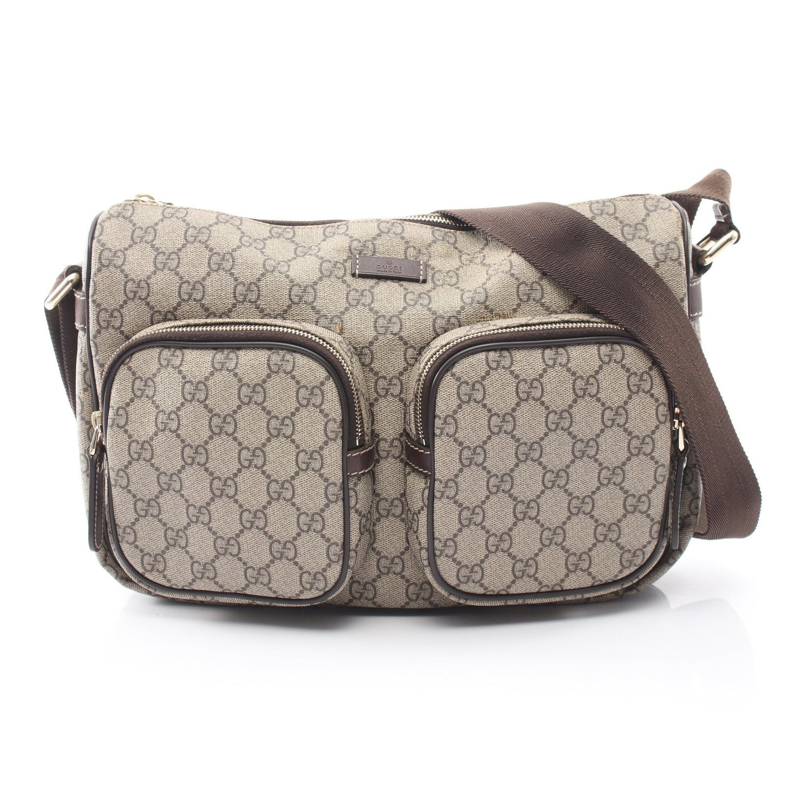 Gucci GG Supreme Shoulder Gray: Gray beige and dark brown PVC shoulder bag.