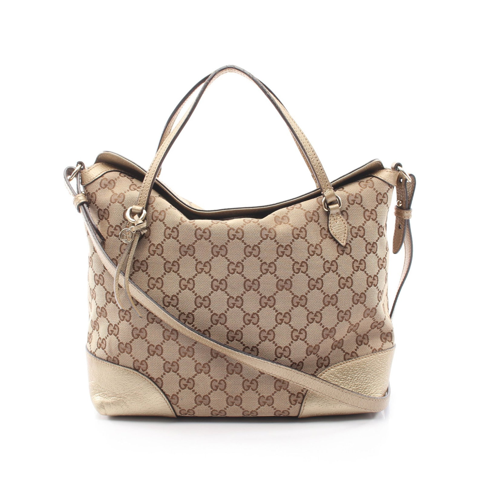 Gucci Bree GG Canvas 2-Way: Beige and gold canvas and leather handbag with shoulder strap.