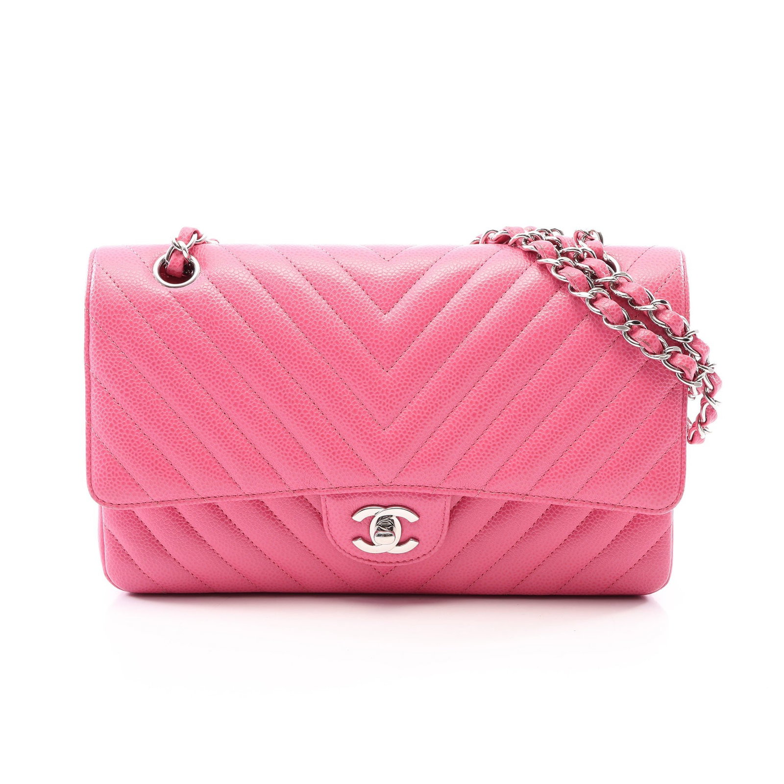 Chanel Chevron Double Flap Pink: Pink caviar skin double flap chain shoulder bag with guarantee card.