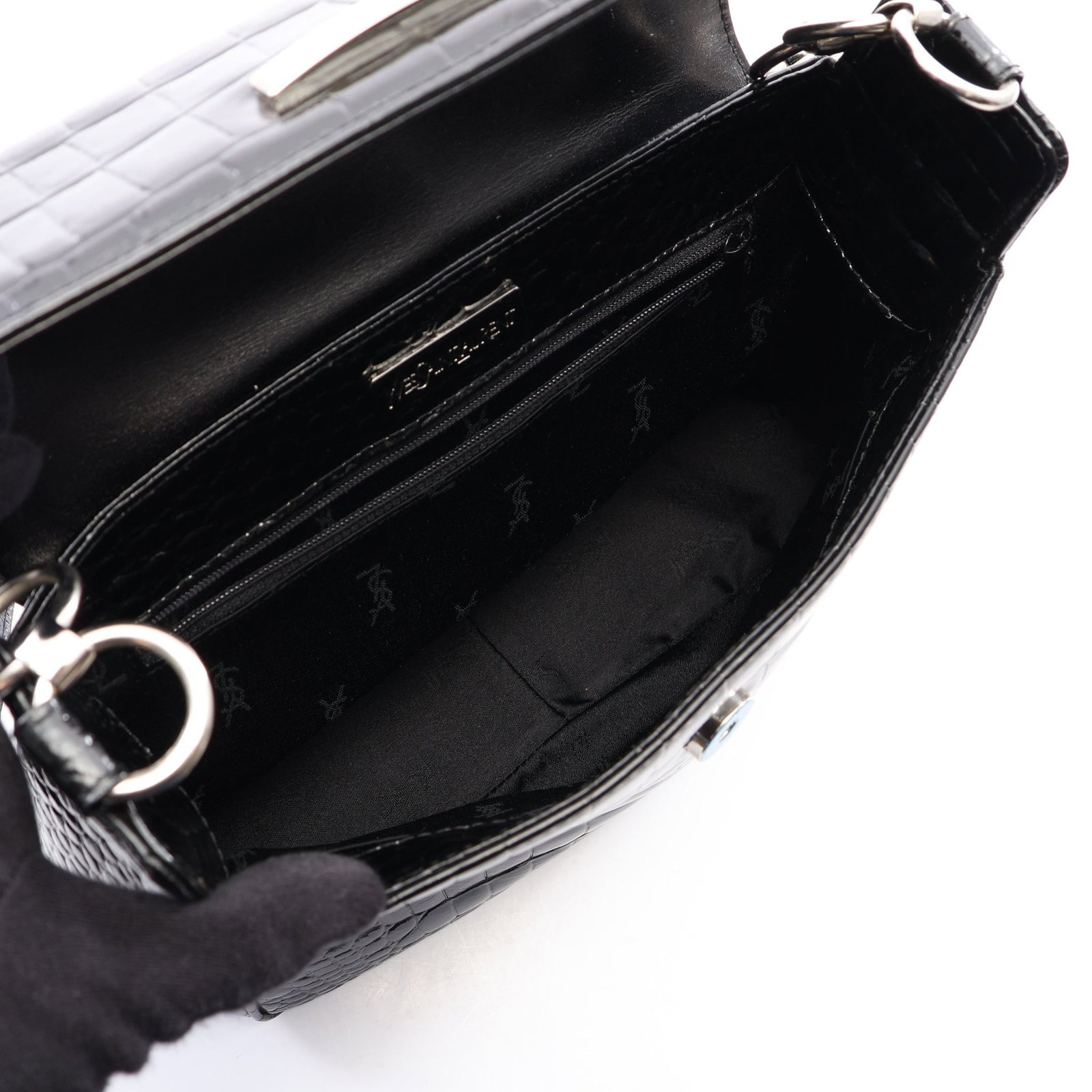 YSL Croc Embossed Chain Black - 3