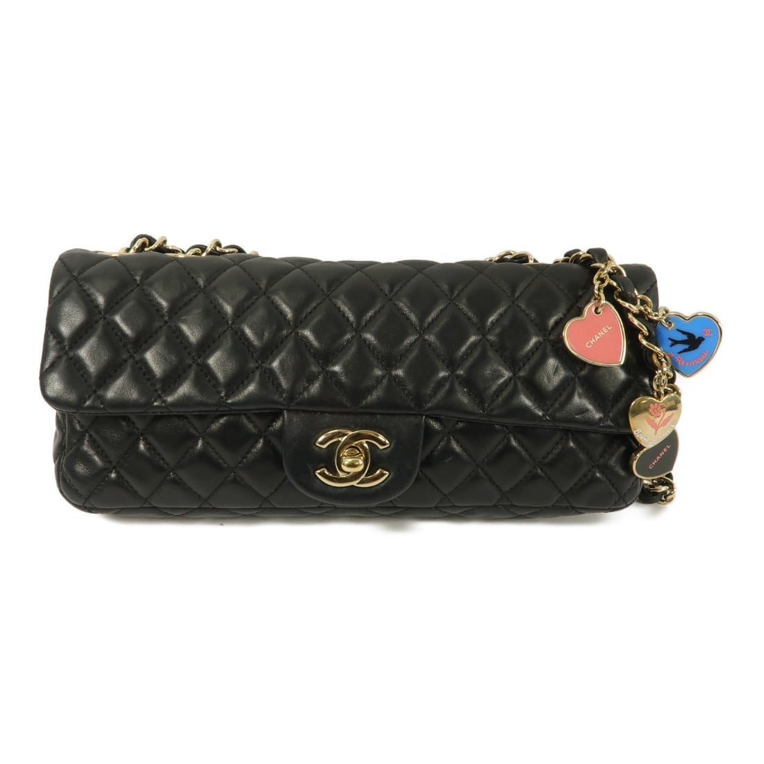 Chanel Lambskin Chain Shoulder Bag Black: Black lambskin chain shoulder bag with gold-tone hardware, storage bag, guarantee, and hologram sticker.