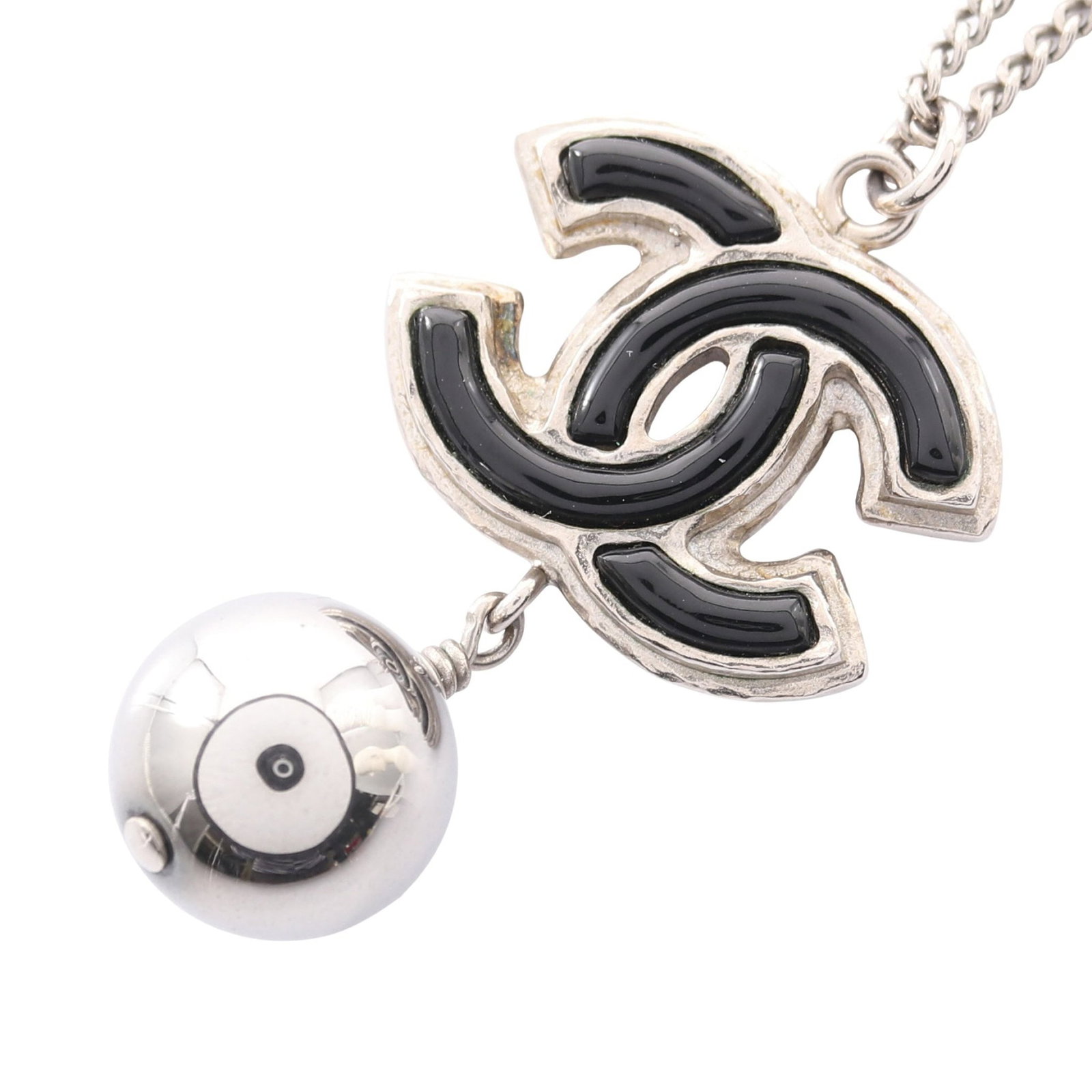 Chanel Coco Mark Silver Necklace: Silver and black Coco mark necklace in metal; length 42-60cm; charm 3.2 x 2.2cm; width 0.1cm.