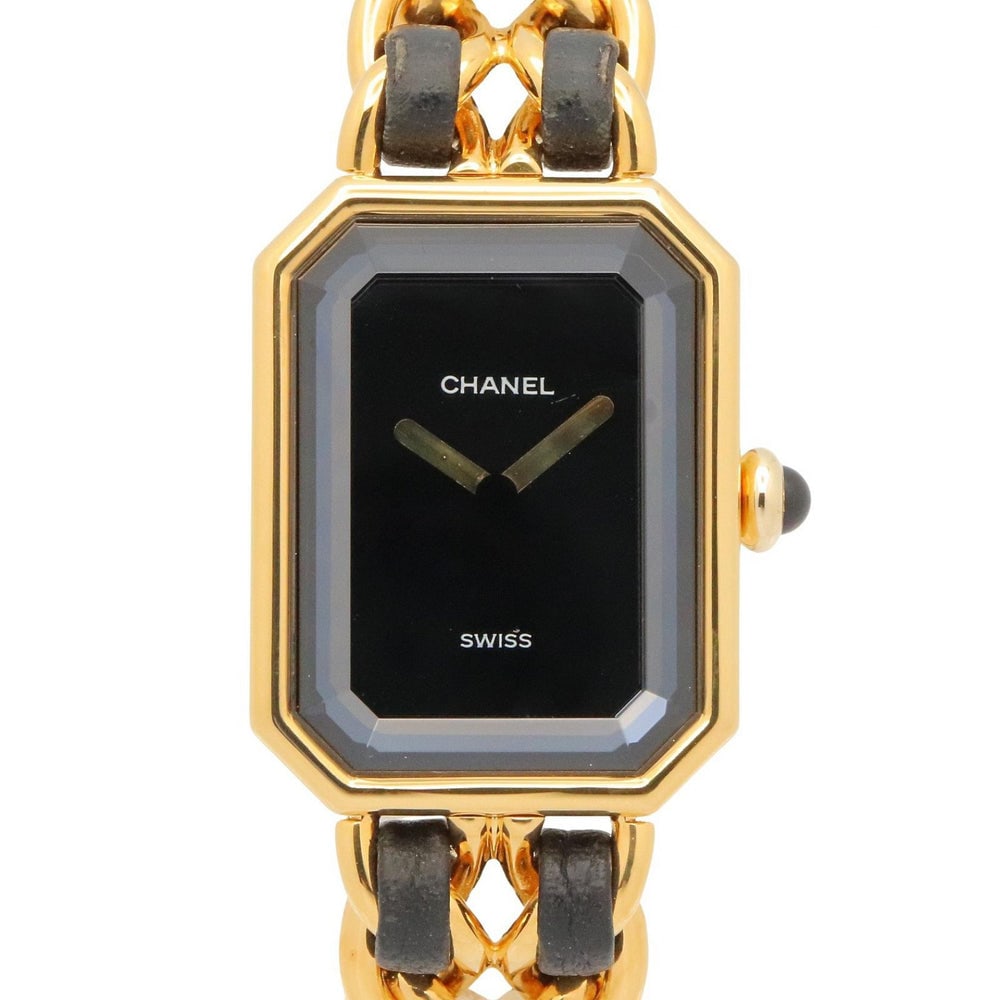 Chanel Premiere M Quartz Gold Plated Black: Quartz watch with gold plated case and belt, black color. Accessories: none. Case length 26mm; case side 20mm; max arm circumference 14.5cm.