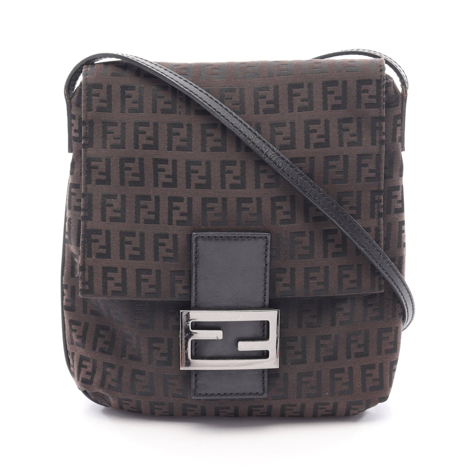 Fendi Zucchino Shoulder Bag: Dark brown and black canvas leather shoulder bag. No accessories. Size 23 x 19/20 x 4 cm, strap 121 to 127 cm.