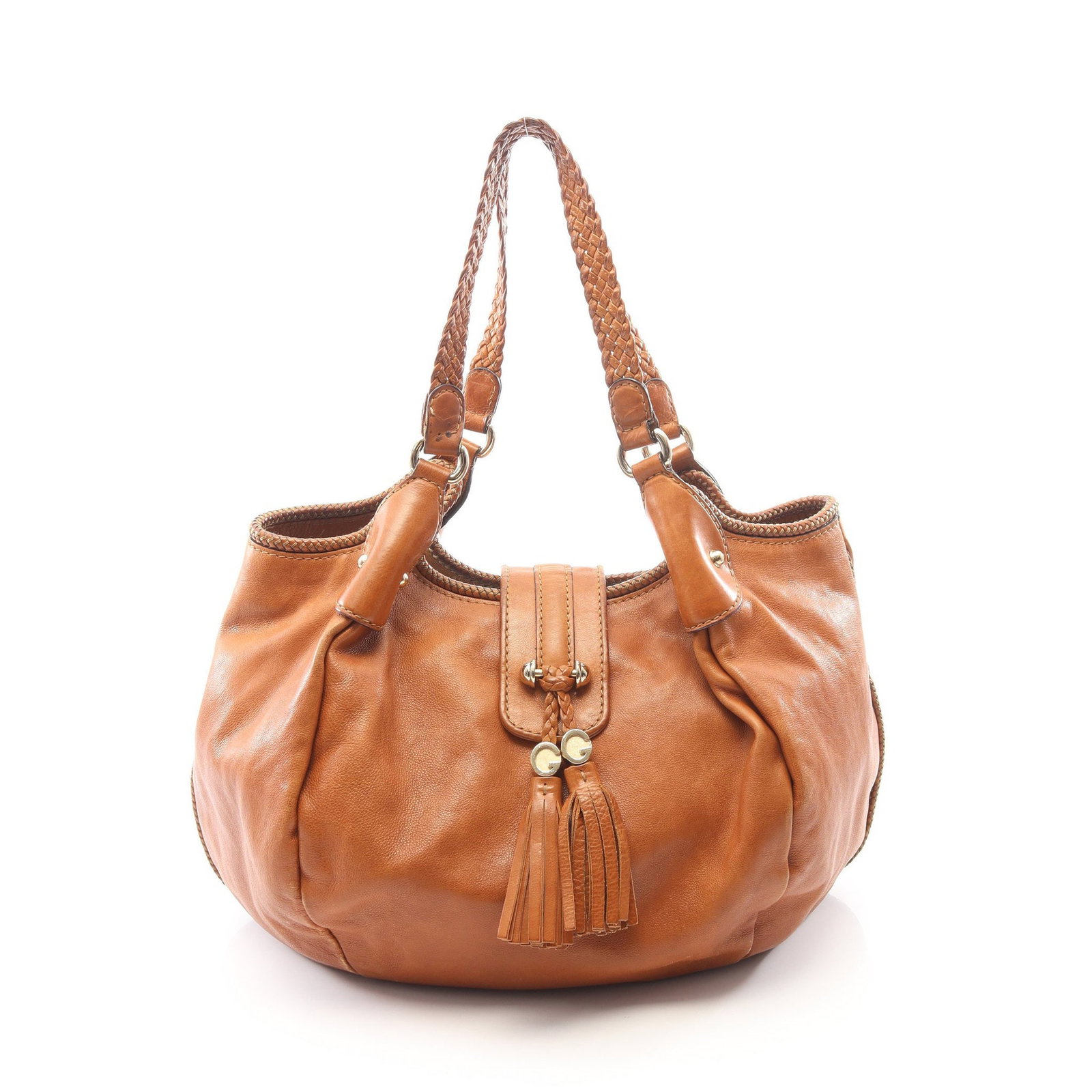 Gucci Marrakech Shoulder Bag: Brown leather Marrakech shoulder bag. No accessories. Size 36 x 36 x 10 cm, strap 43 cm, max drop 26 cm.