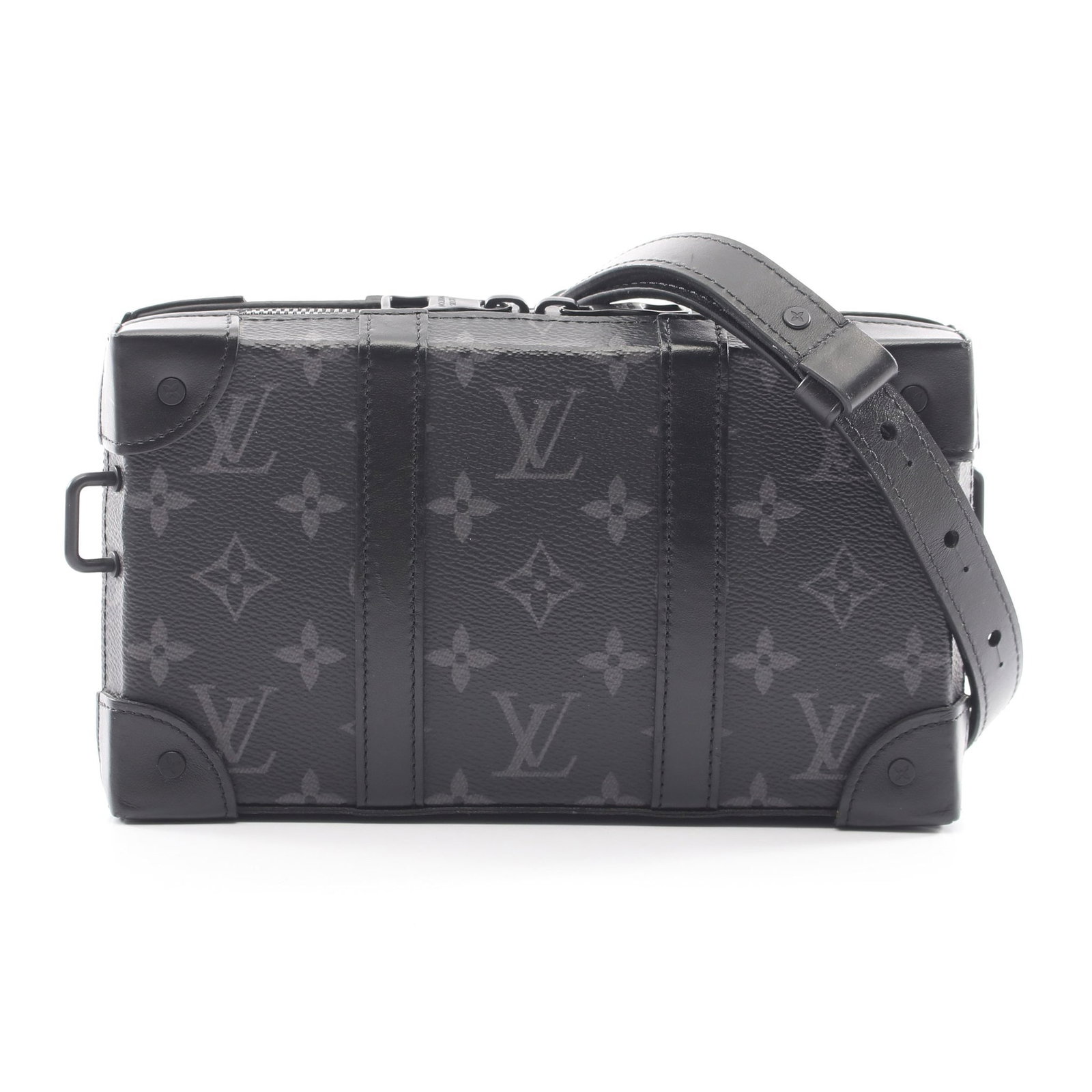 Louis Vuitton Soft Trunk Wallet Eclipse: PVC leather shoulder wallet in black. H 12.5 cm; W 22.5 cm; D 5 cm; strap 103-124 cm. No accessories.