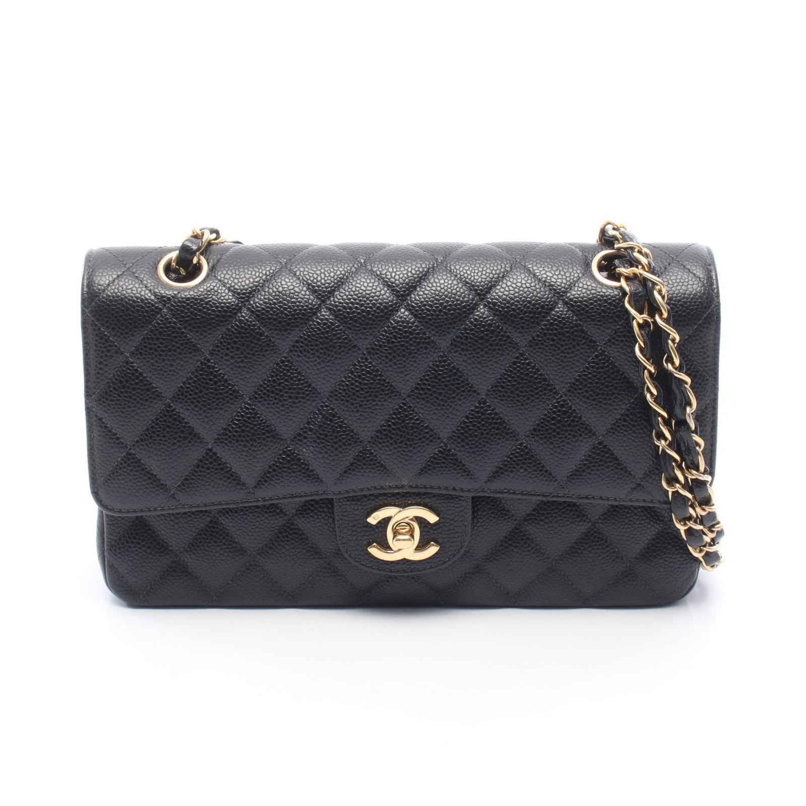 Chanel W Flap Caviar Black GHW: Caviar skin W flap W chain shoulder bag in black with GHW. Includes guarantee card, serial seal, and boutique seal. H 16 cm; W 25 cm; D 6.5 cm; double strap 53 cm; single strap 88 cm; strap drop 41 cm