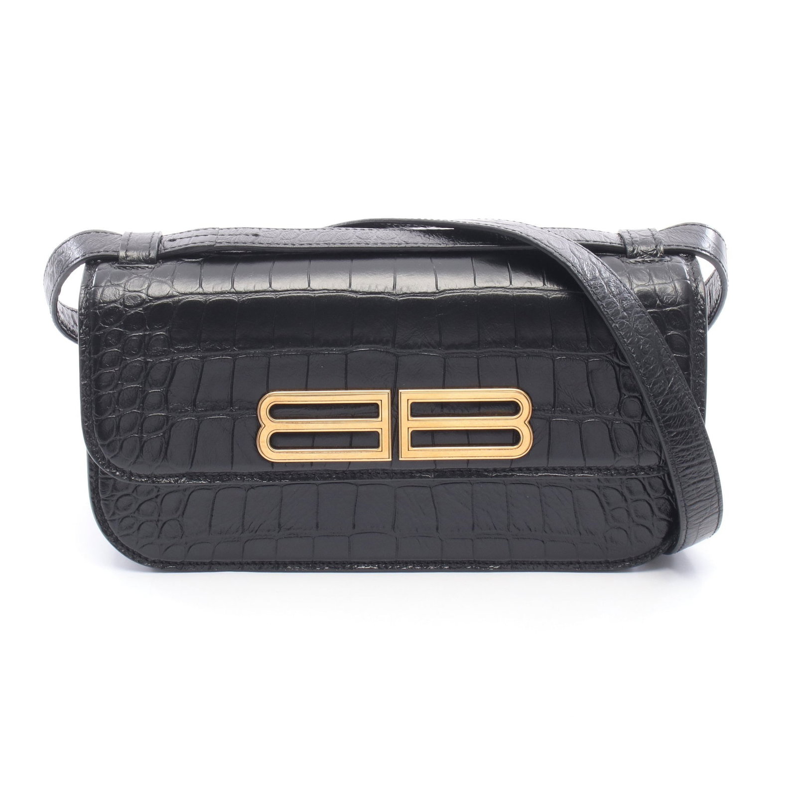 Balenciaga Gossip Croc Embossed Black: Leather shoulder bag in black. H 13 cm; W 24 cm; D 5 cm; strap 92 cm; strap drop 43 cm. No accessories.