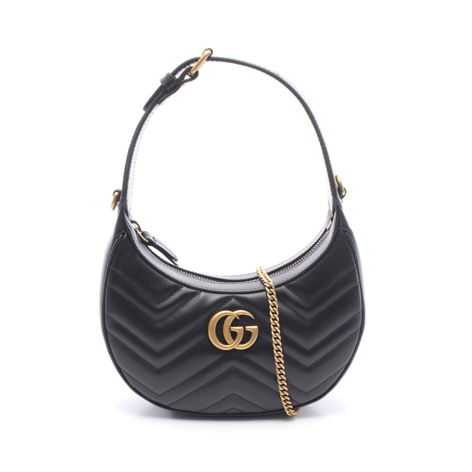 Gucci GG Marmont 2 Way Black: Leather 2 way handbag in black. Includes chain shoulder strap, box, and storage bags. H 11 cm; W upper 16 cm; D 5 cm; strap 106 cm; handle 22-28 cm.