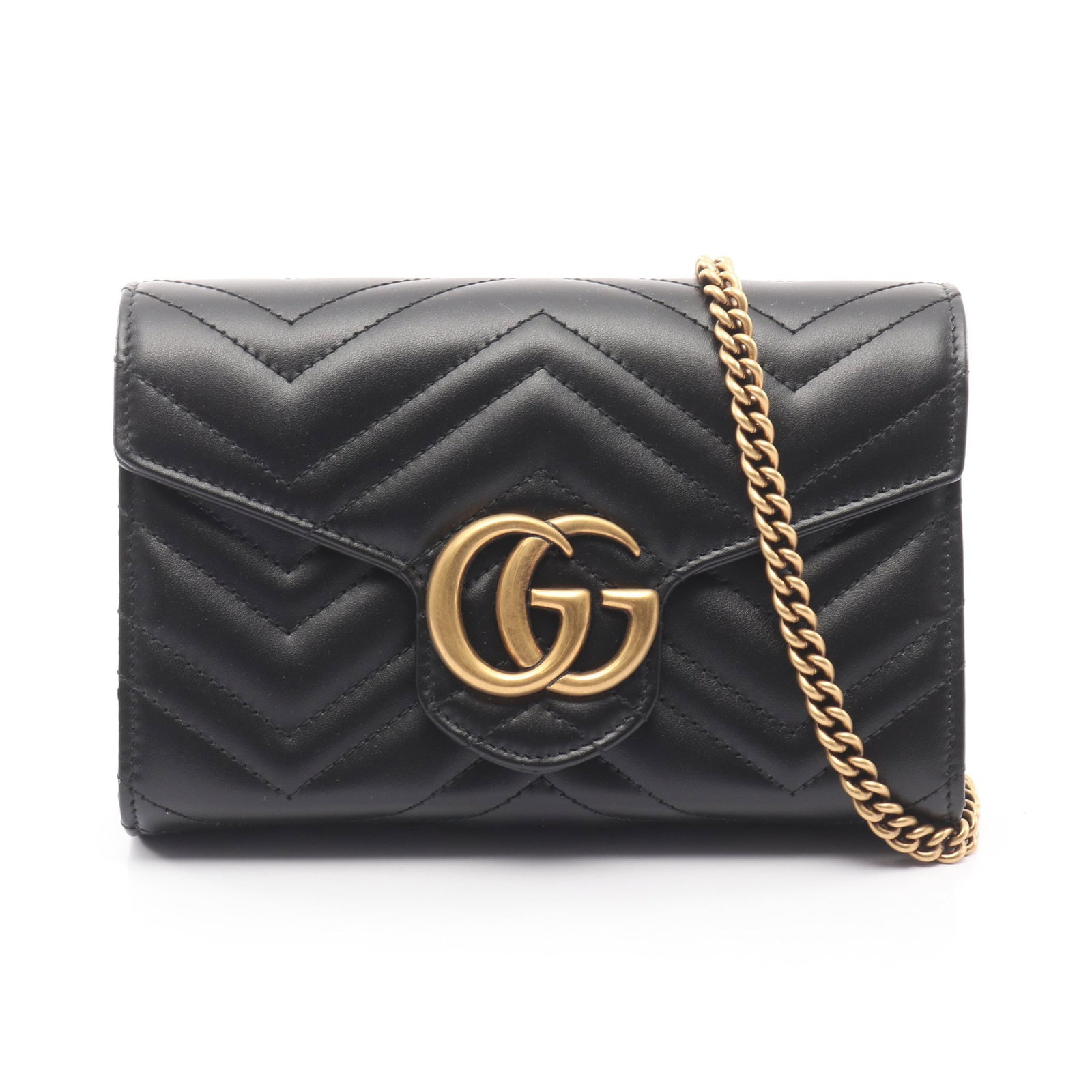 Gucci GG Marmont Chain Wallet Black: Leather chain wallet in black. Includes box and storage bags. H 14 cm; W 20 cm; D 4.5 cm; strap 124 cm.