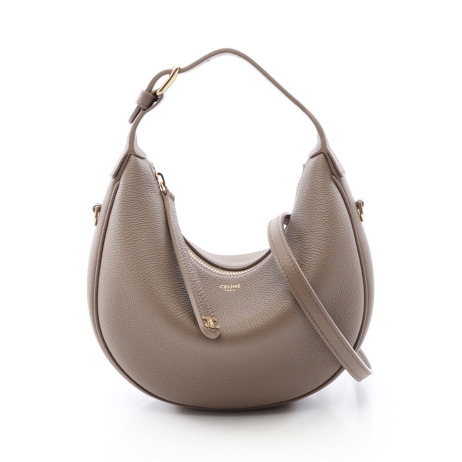 Celine Teen Lulu Triomphe Gray Brown: Leather 2 way handbag in gray brown. Includes shoulder strap. H 10 cm; W center 21 cm; D 4.5 cm; strap 96.5-114.5 cm; handle 16-21 cm.