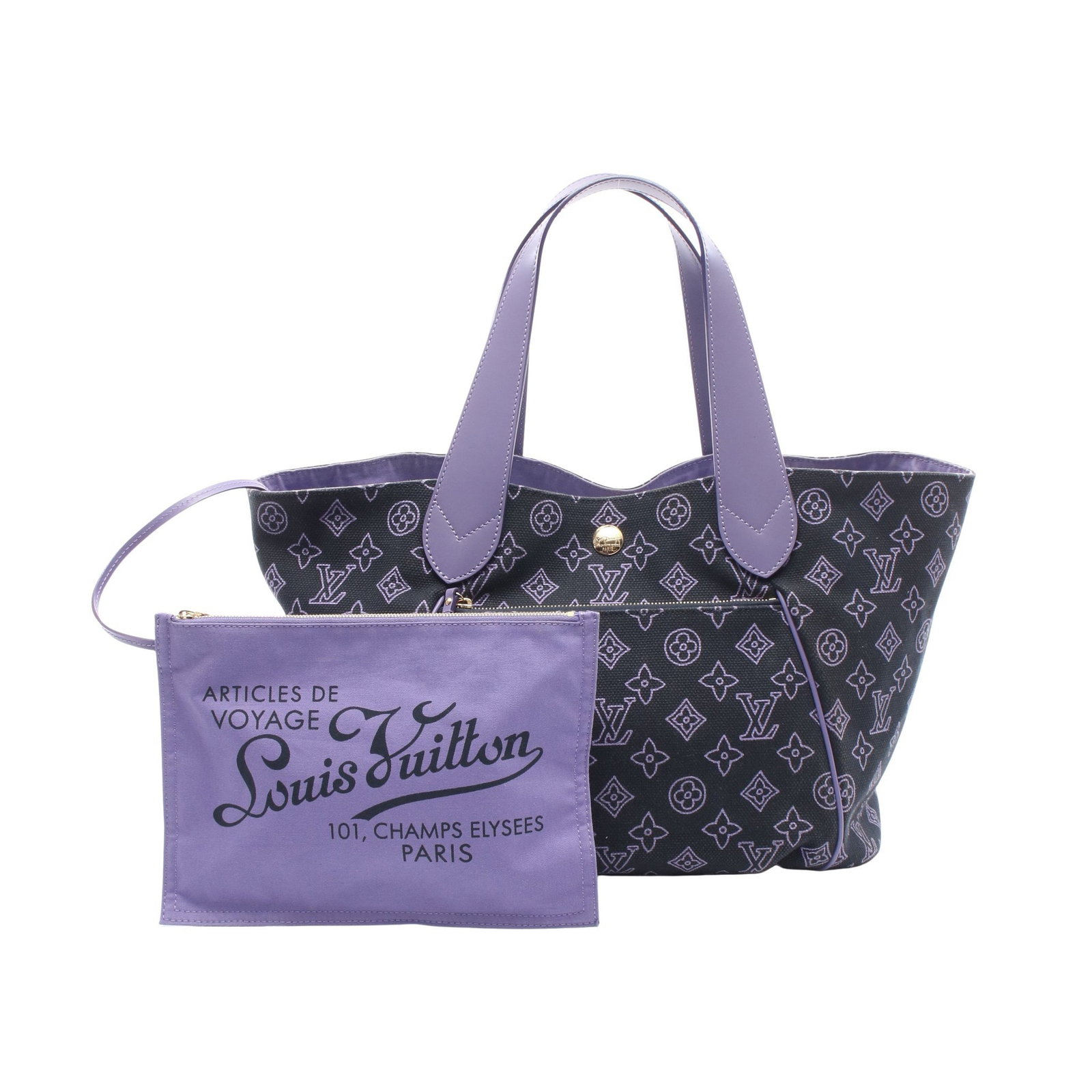 Louis Vuitton Kabaipanema PM Marine: Canvas leather shoulder tote in black and purple with pouch. H 31 cm; W upper 52 cm, bottom 28 cm; D 14 cm; strap 50 cm; strap drop 20 cm.