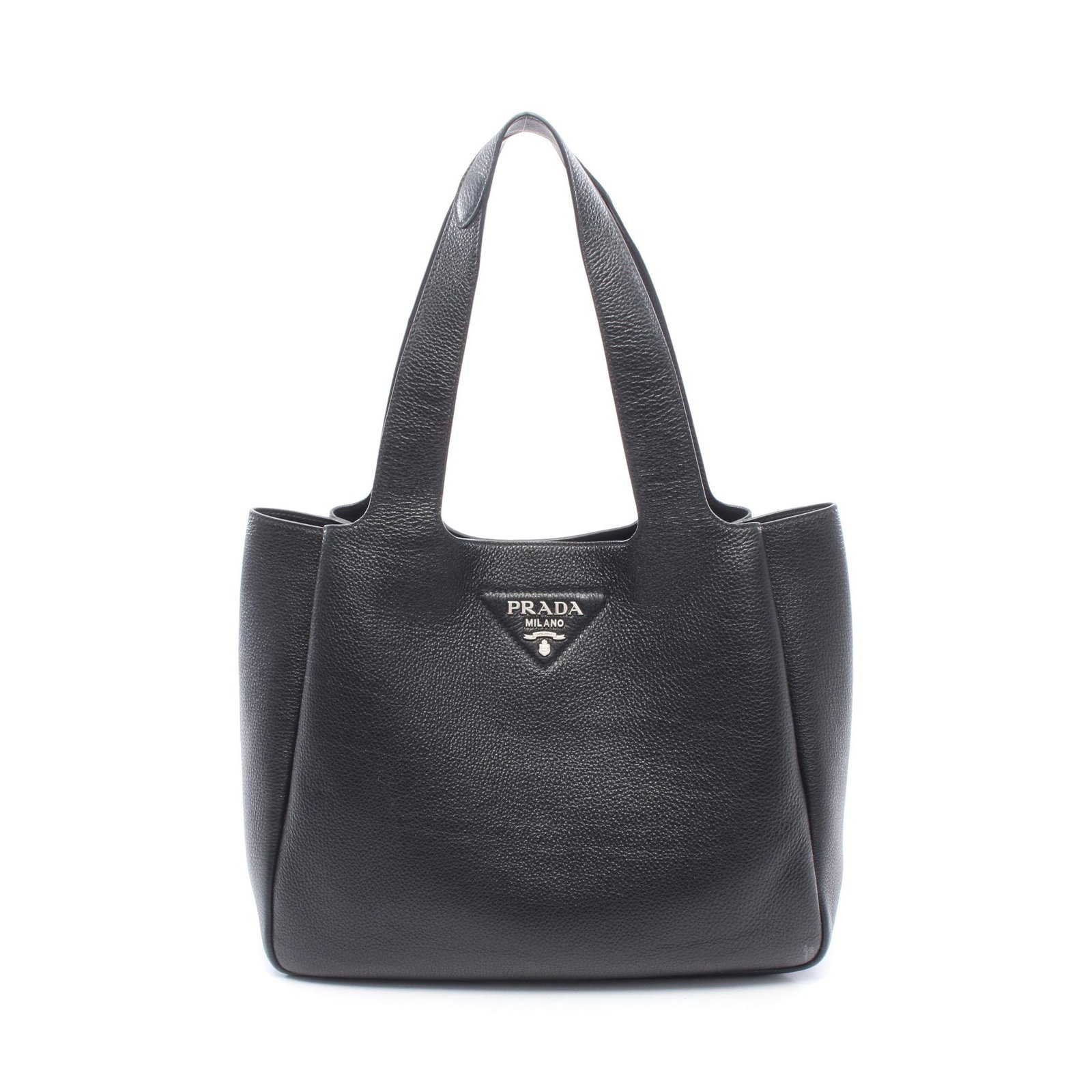 Prada Medium Tote Leather Black: Leather shoulder tote in black. H 26 cm; W upper 34 cm, bottom 32 cm; D 14 cm; strap 49 cm; strap drop 22 cm. No accessories.