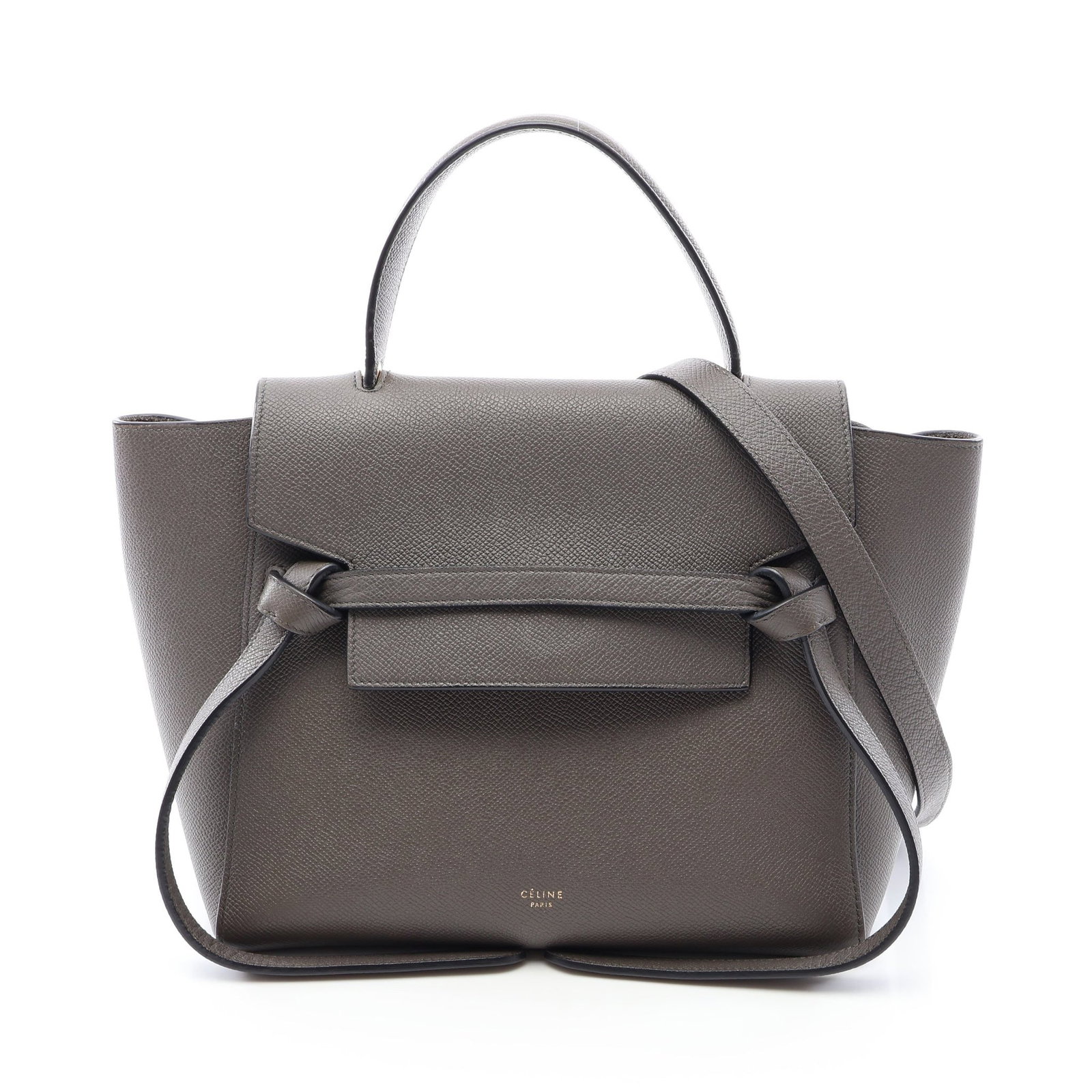 Celine Belt Bag Micro Gray: Leather 2 way handbag in gray. Includes shoulder strap. H 21 cm; W upper 33 cm, bottom 24 cm; D 13 cm; strap 111 cm; handle 25 cm.