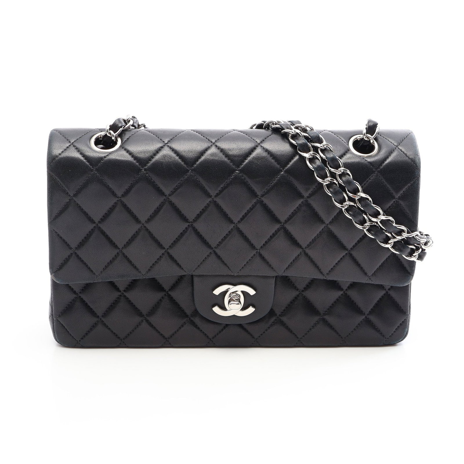 Chanel W Flap Chain Bag Black: Black lambskin matelasse W flap W chain shoulder bag with gold hardware. Includes serial seal. Size 16 x 25/25 x 6.5 cm, double strap 53 cm, single strap 88 cm, max drop 41 cm, double drop 22 cm.