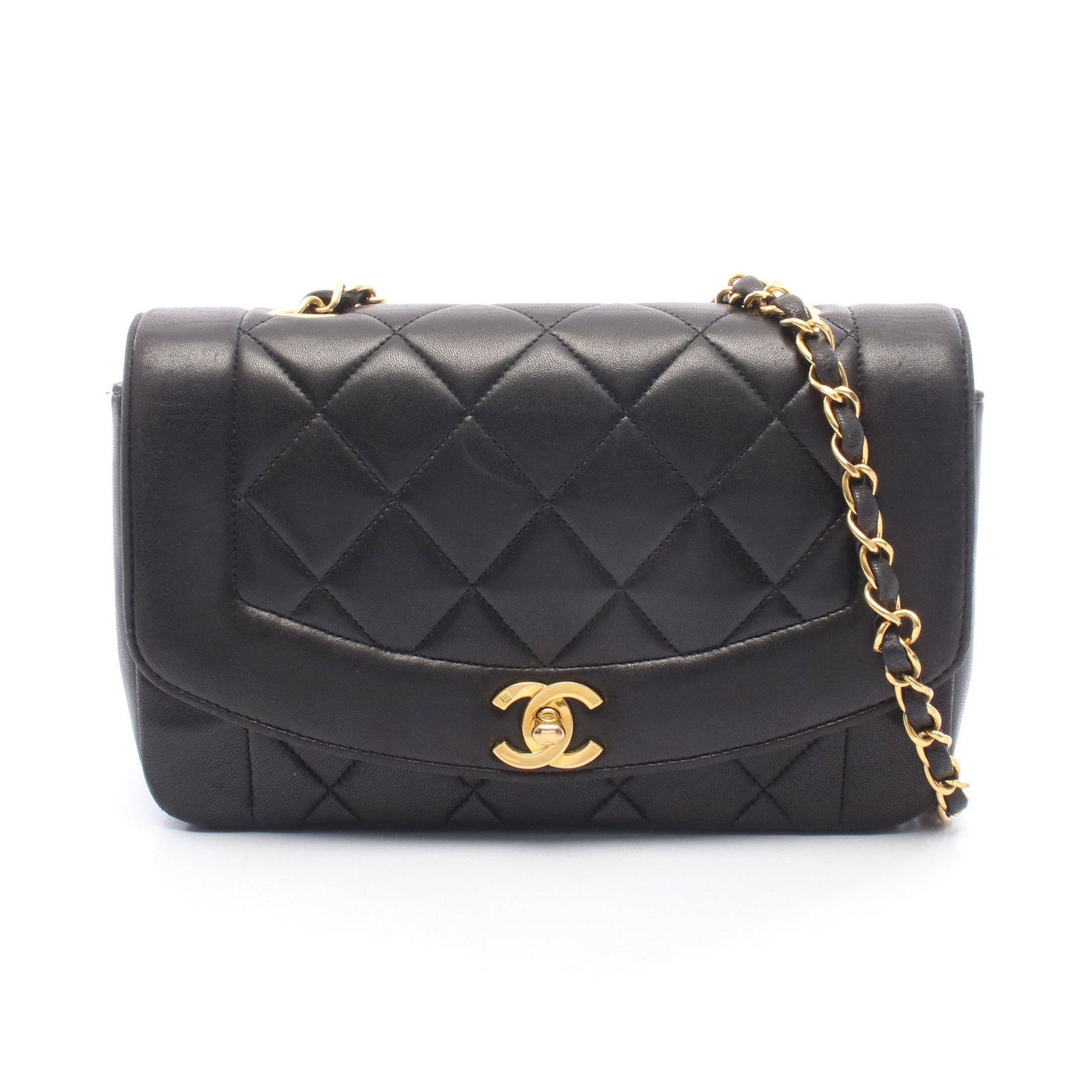Chanel Diana Flap Chain Bag: Black lambskin matelasse Diana flap chain shoulder bag with gold hardware. Includes serial seal. Size 14 x 22/22 x 7 cm, strap 107 cm.