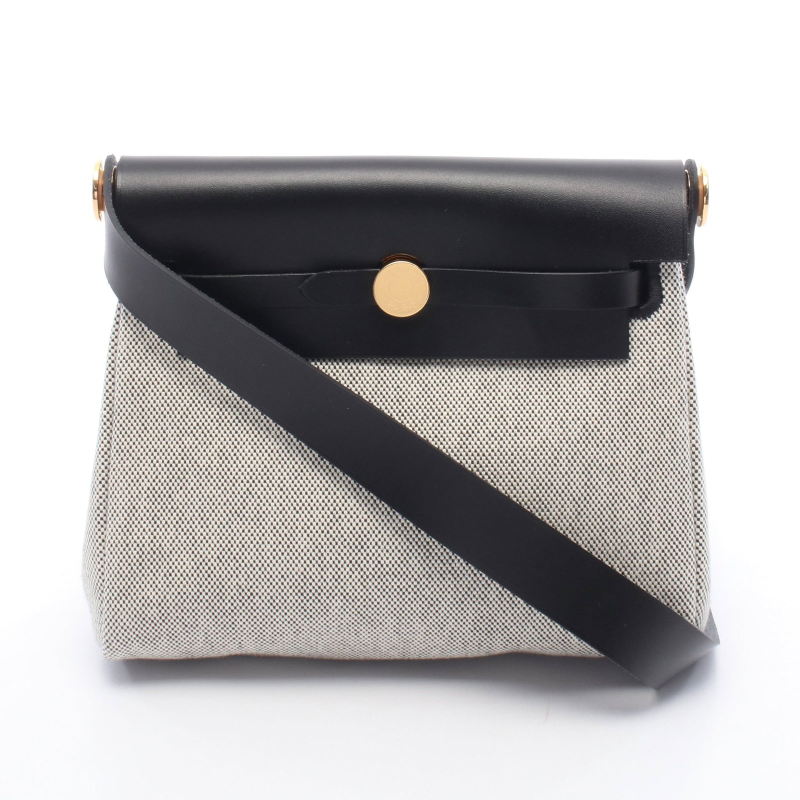 Hermes Herbag Zip Mini Ecru: Light gray and black Toile H canvas Vache Hunter Herbag Zip Mini shoulder bag with gold hardware. K stamp, manufactured around 2025. Includes storage bags. Size 16 x 19/20 x 7 cm, strap 103 cm.