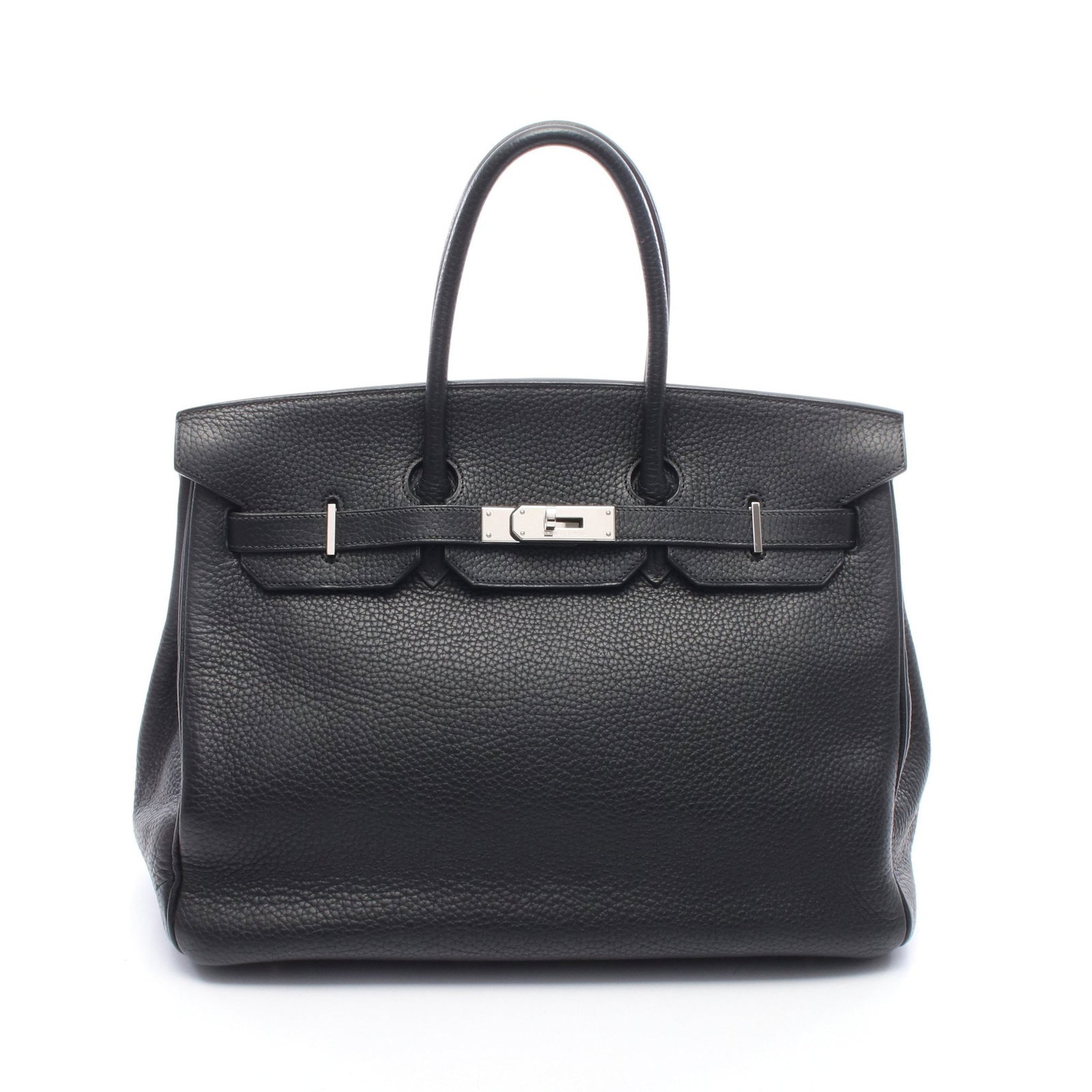 Hermes Birkin 35 Clemence Black: Black Clemence leather Birkin 35 handbag with silver hardware. ?H carved seal, manufactured around 2004. Includes padlock, crochet and 2 keys. Size 28 x 33/35 x 18 cm, handle 35 cm.