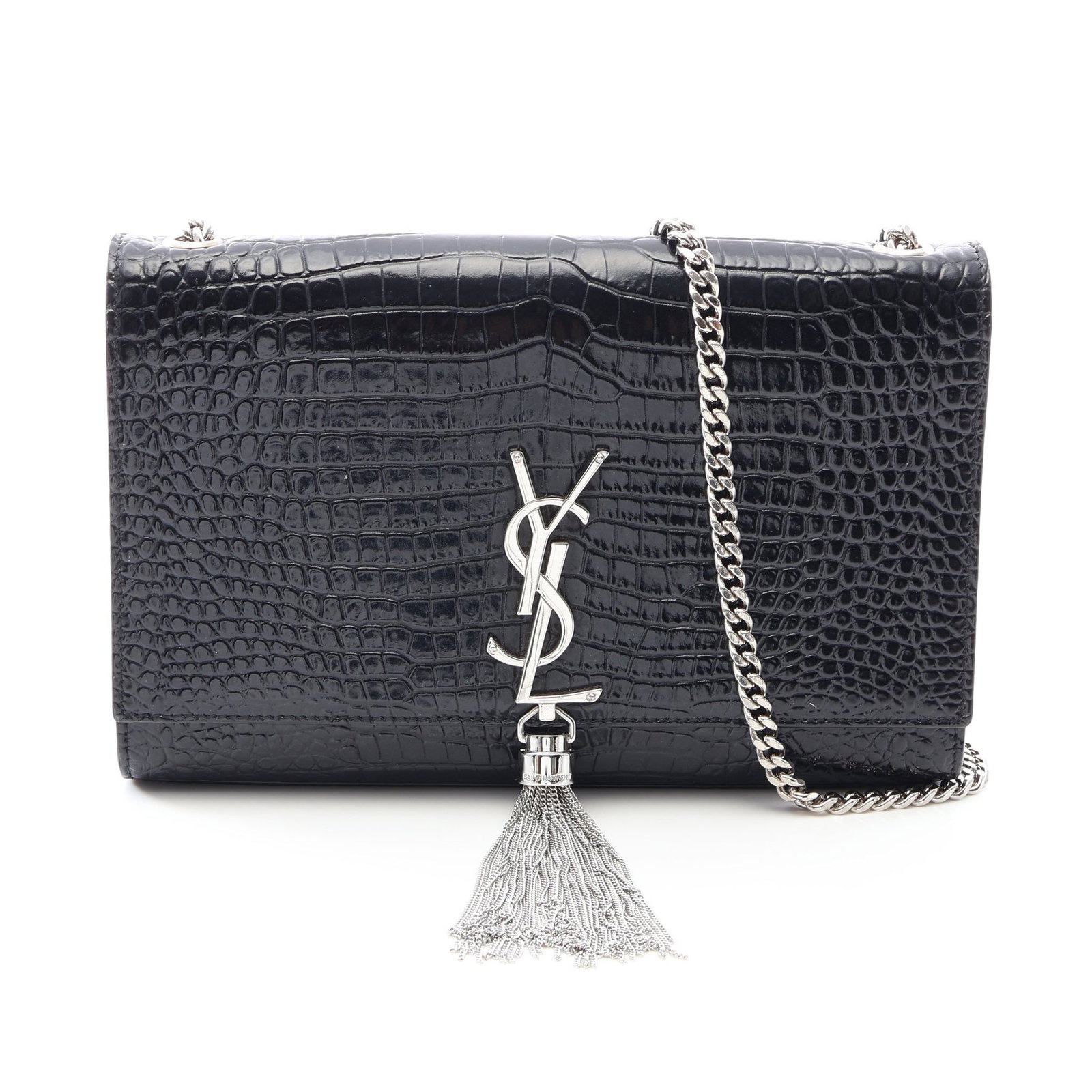 Saint Laurent Kate Croc Chain Bag: Black leather Kate Monogram croc embossed chain shoulder bag. No accessories. Size 16 x 24/24 x 5 cm, strap 102 cm.