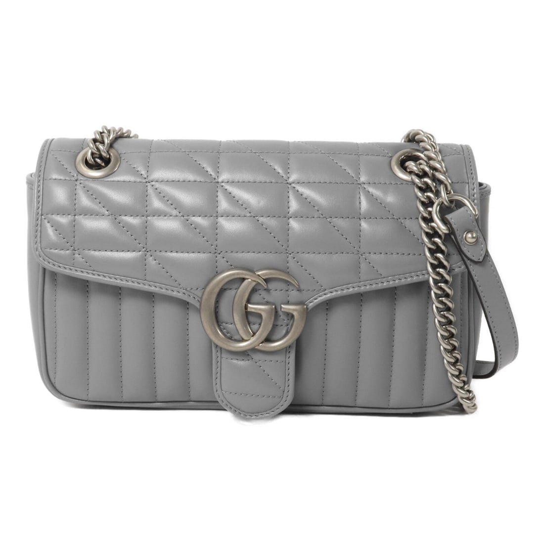 Gucci GG Marmont Chain Gray: Gray calfskin leather GG Marmont chain shoulder bag with silver hardware. Includes storage bags. Size 24.5 x 15 x 7 cm, shoulder 66.5 to 112.5 cm.