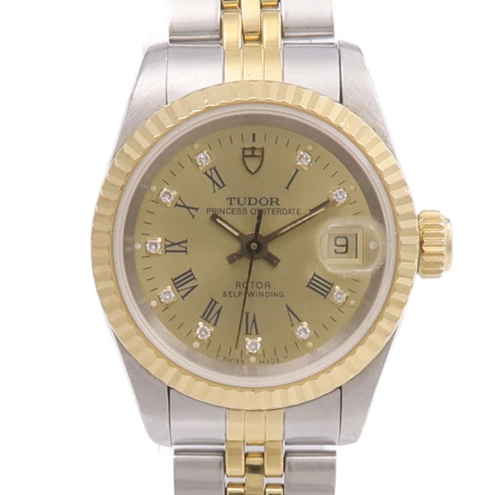 Tudor Princess Oysterdate K18 SS Diamond: Automatic watch in K18 yellow gold, stainless steel, and diamond, gold color. Accessories: none. Case diameter 25mm; max arm circumference 15cm; band width 10-13mm.