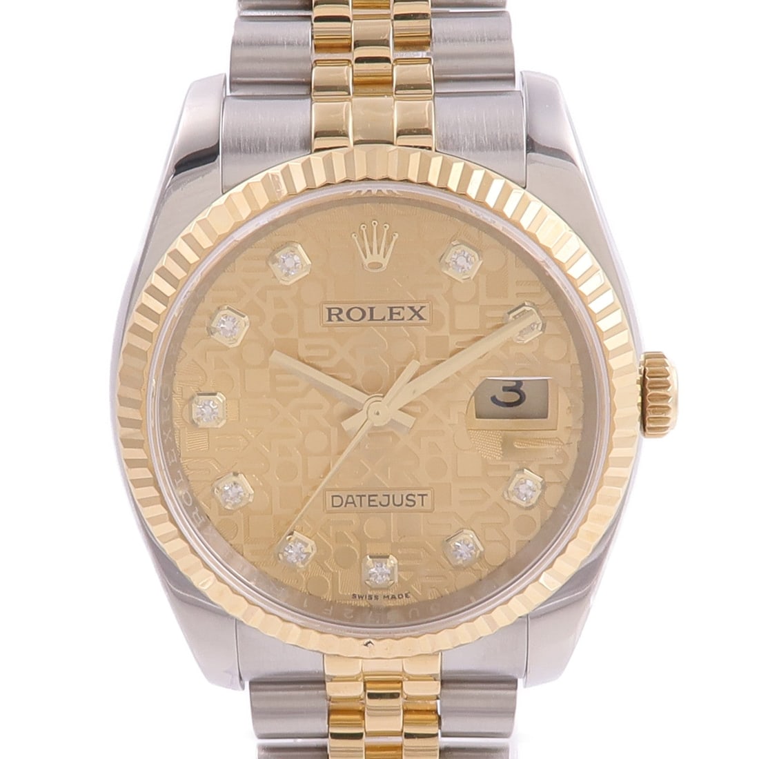 Rolex Datejust Auto K18 YG SS Diamond: Automatic watch in K18 yellow gold, stainless steel, and diamond, gold / clear color. Accessories: none. Case diameter 36mm; max arm circumference 16cm; band width 16-20mm.