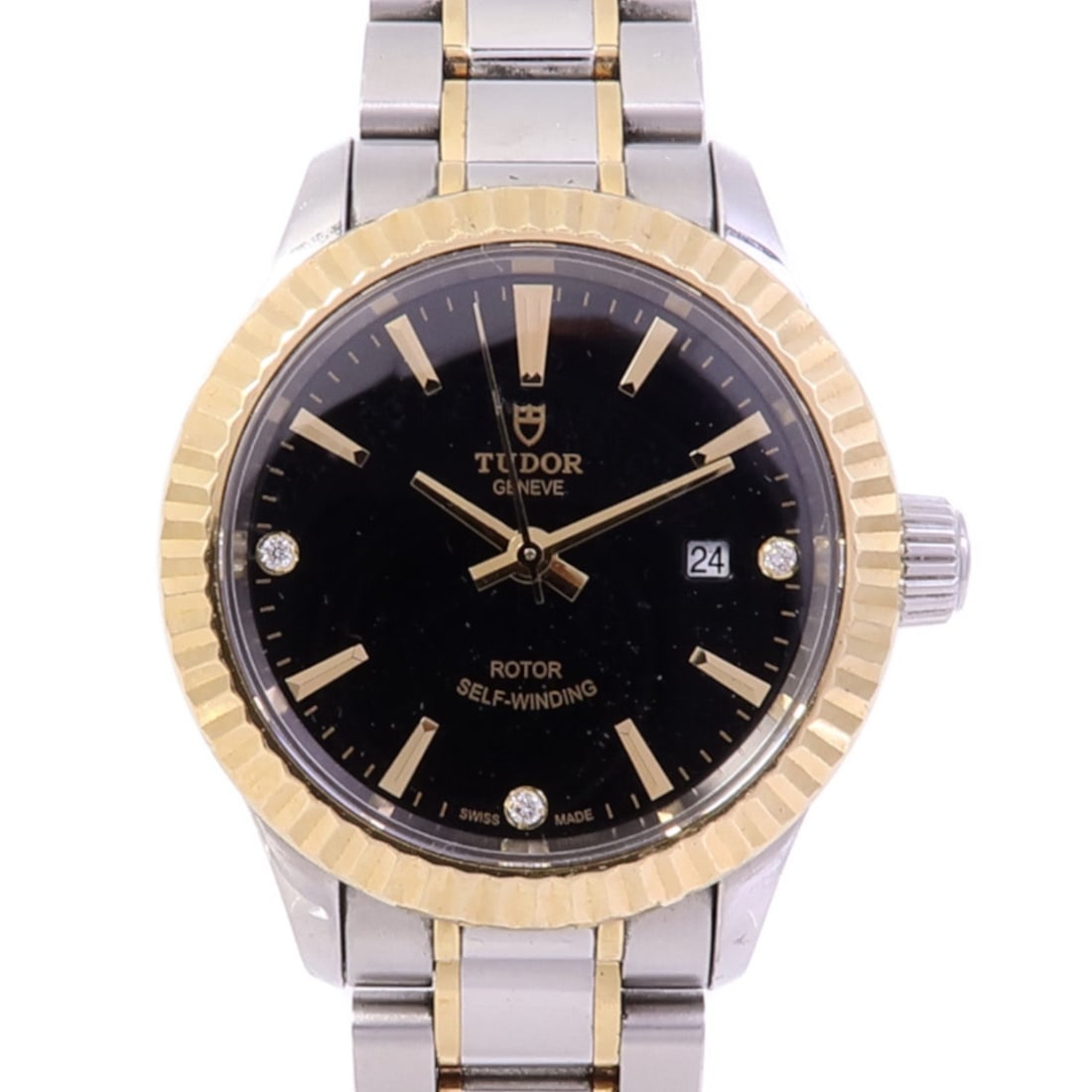 Tudor Style Auto SS K18 YG Black: Automatic watch in stainless steel and K18 yellow gold, black / black color. Accessories: none. Case diameter 28mm; max arm circumference 15cm; band width 9-11mm.