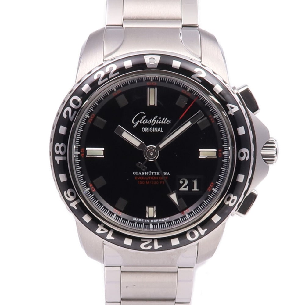 Glashutte Original Sport Evolution GMT: Automatic watch in stainless steel, black color. Accessories: storage box, guarantee, case, piece. Case diameter 42mm; max arm circumference 15cm; band width 20mm.