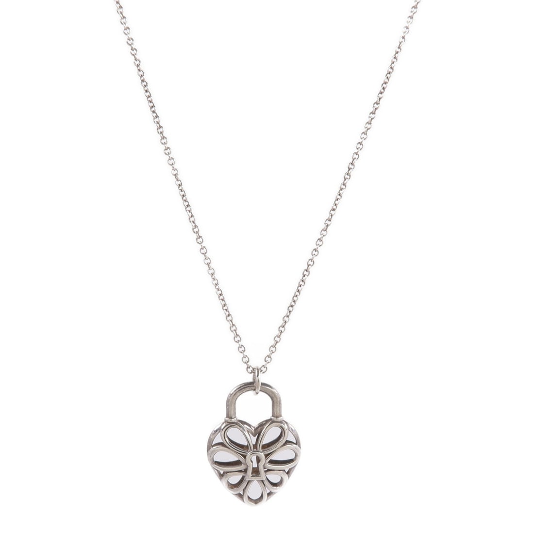 Tiffany Heart Lock Silver Necklace: Silver Tiffany Heart Lock Pendant necklace in 925 sterling silver; neck 41cm; motif 14 x 18mm.