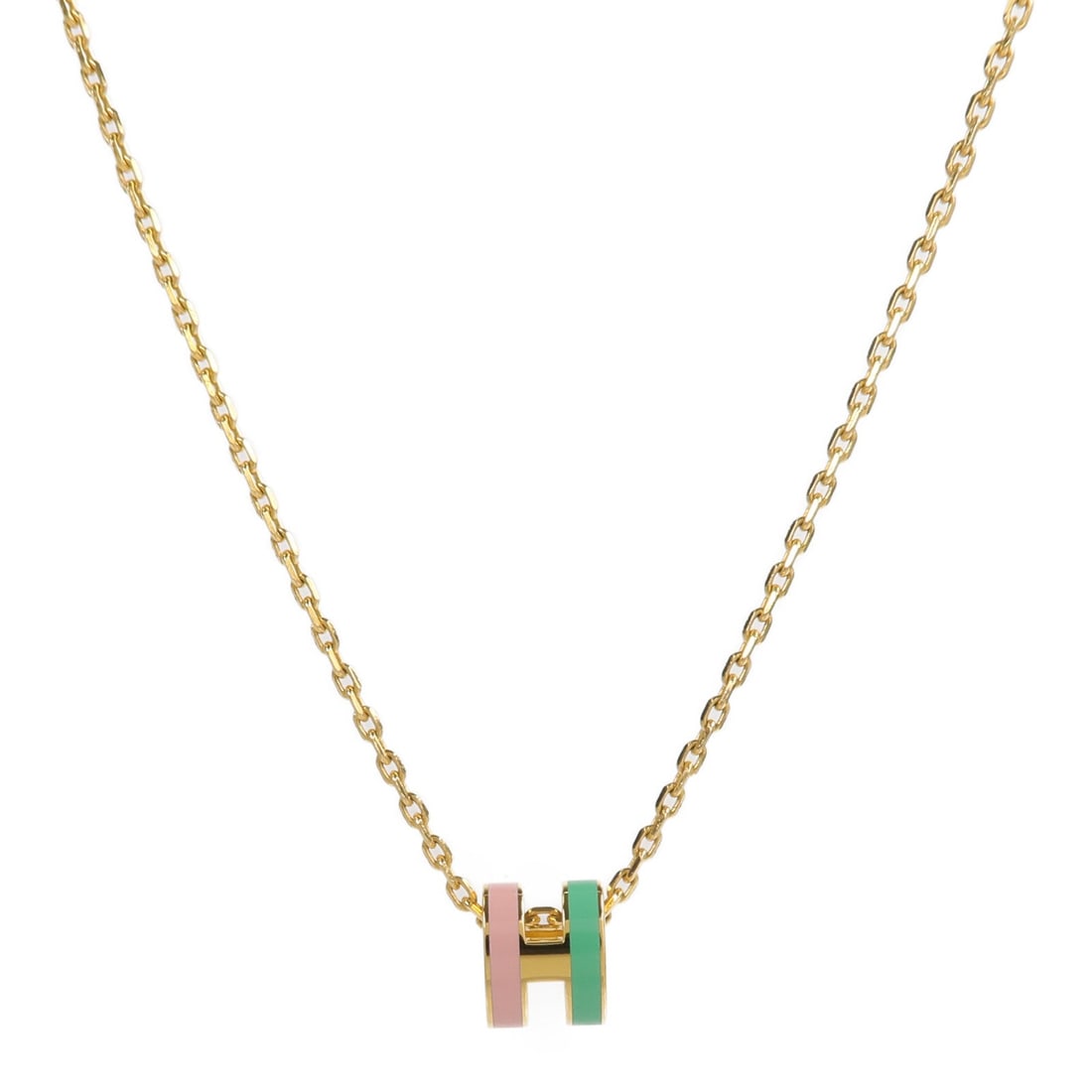 Hermes Mini Pop H Necklace Pink Green: Mini Pop H necklace in metal with pink and green color. 40cm chain with 7 x 9mm motif. Includes storage box and storage bags.