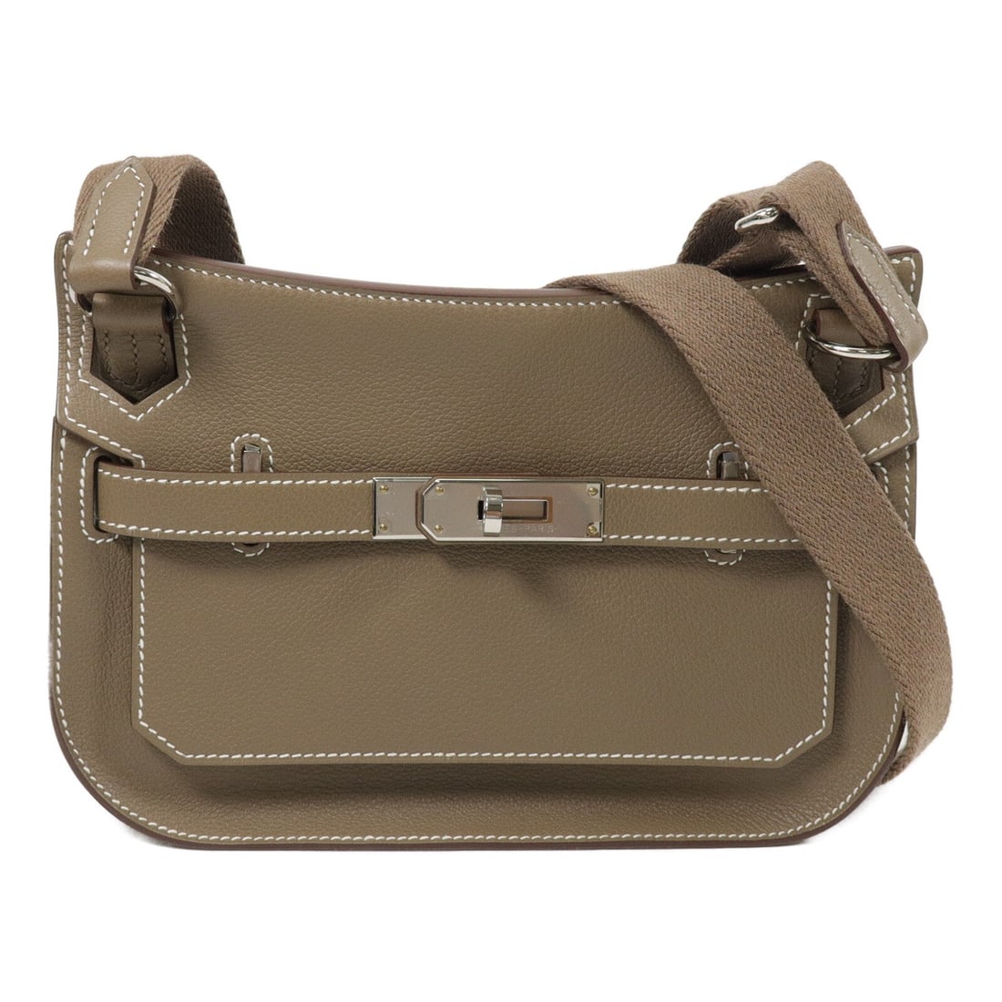 Hermes Jypsiere Mini Etoupe: Etoupe gray Evercolor calfskin Jypsiere Mini shoulder bag with palladium hardware. Includes storage box and storage bags. B stamp, manufactured in 2023. Size 22 x 15.5 x 5 cm, shoulder 62 to 108 cm.