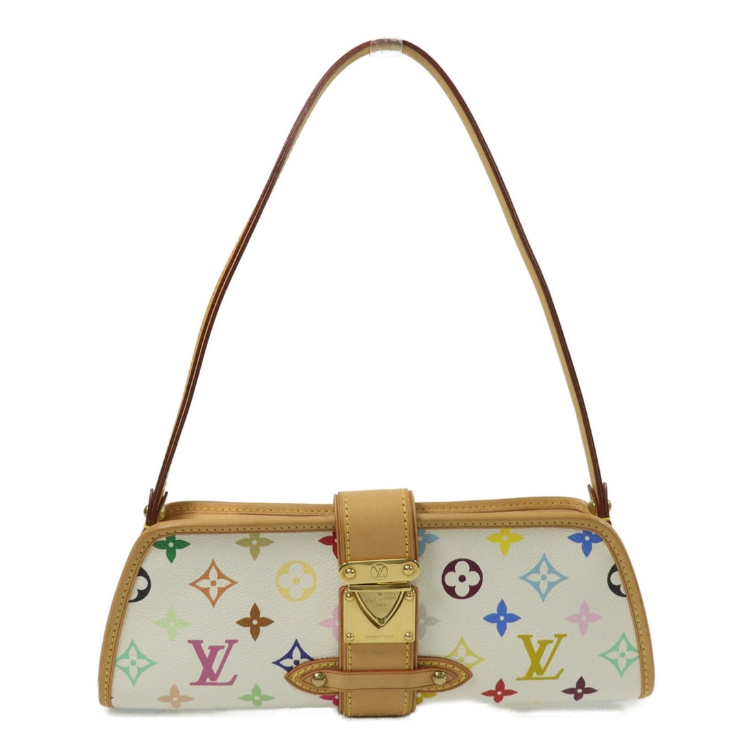 LV Shirley Multicolor White: White Monogram Multicolore PVC coated canvas Shirley shoulder bag with gold hardware. Includes storage bags and shoulder strap. Size 28 x 11 x 4 cm, shoulder 55 cm.