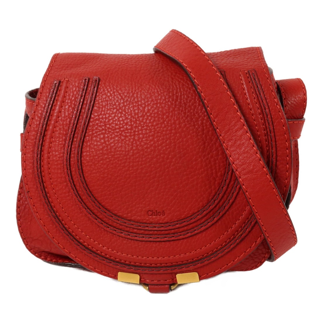Chloe Marcie Round Red: Red calfskin leather Marcie Round shoulder bag with gold hardware. Includes storage bags. Size 19 x 15 x 9.5 cm, shoulder 118 to 139 cm.
