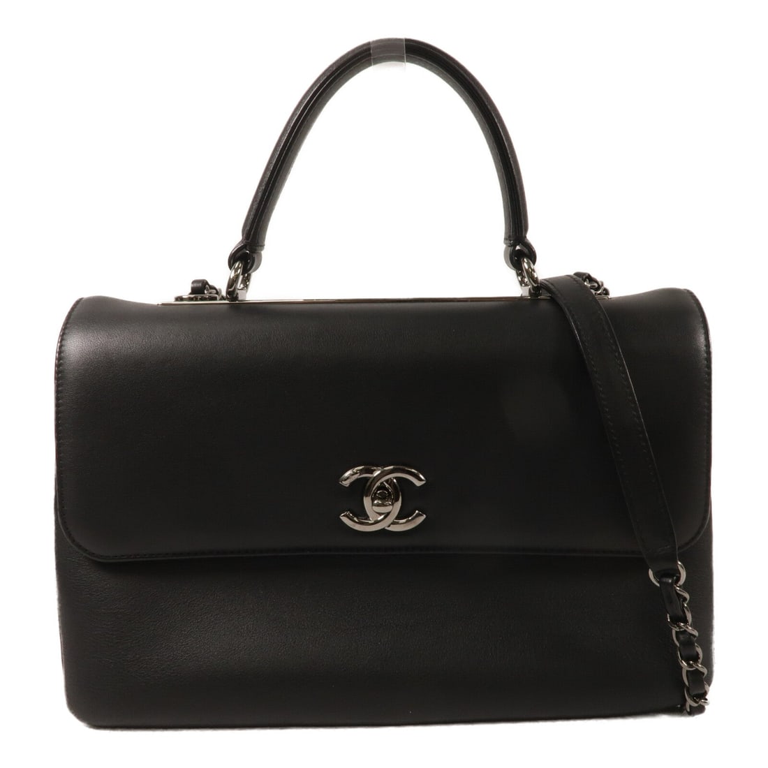 Chanel Trendy CC Medium Black: Black calfskin leather Trendy CC Medium 2 way shoulder bag with silver hardware. Includes hologram sticker. Size 30 x 20 x 7 cm, handle 29 cm, shoulder 102 cm.