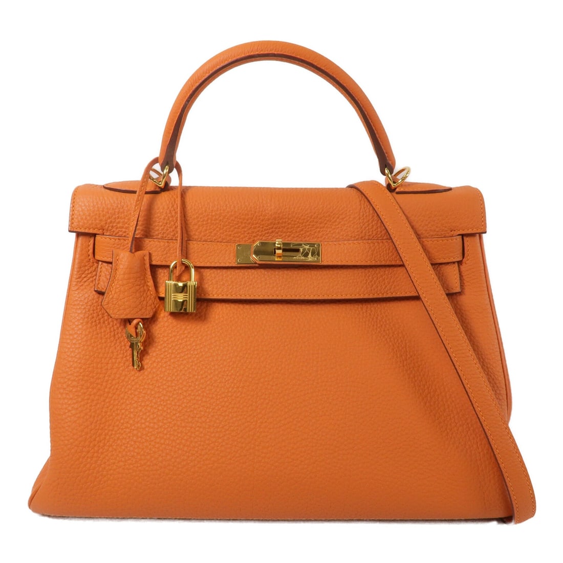 Hermes Kelly 28 Orange GHW: Orange Togo leather Kelly 28 2 way shoulder bag with gold hardware. Includes storage bags, shoulder strap, clochette, key and cadena. ?Q square, 2013 year. Size 28 x 20 x 11 cm, handle 25 cm, shoulder