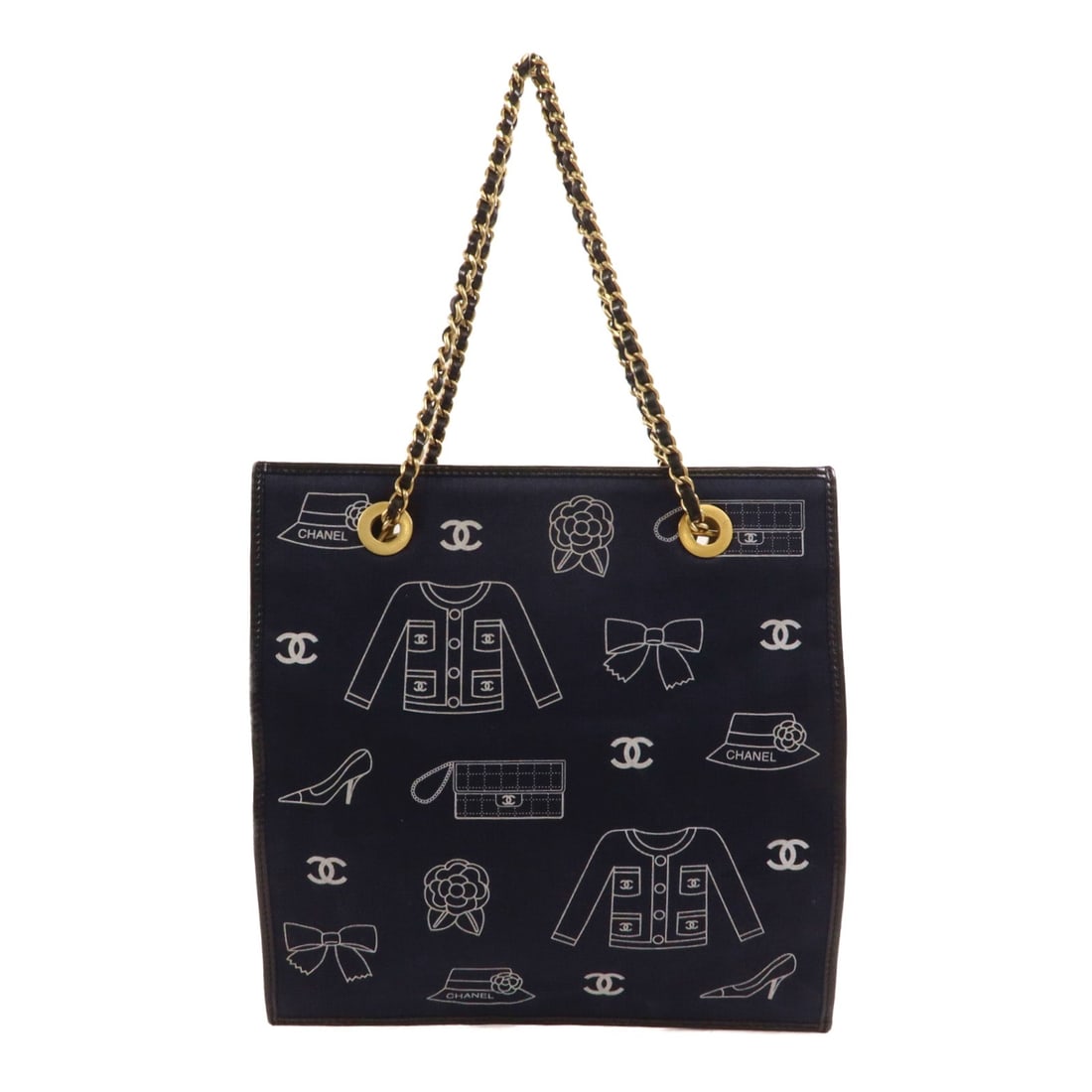 Chanel CC Icon Hand Bag Navy Black: Navy and black canvas hand bag with gold hardware. Includes hologram sticker. Size 23 x 23.5 x 0.5 to 7.5 cm, shoulder 41.5 cm.