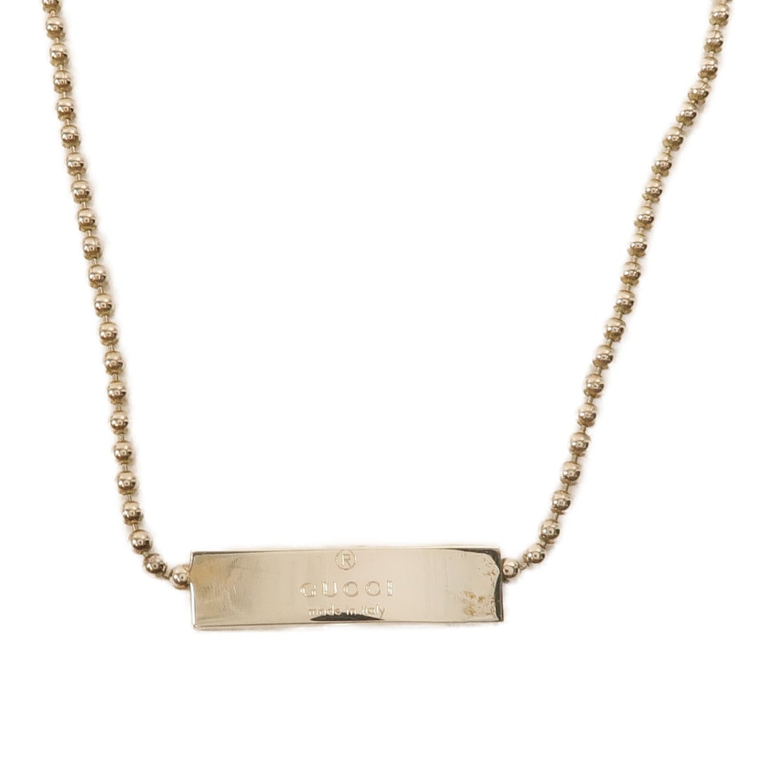 Gucci GG Plate Ball Chain SV925 Necklace: Gucci GG plate ball chain necklace in Silver925. Neck size 35cm; motif 30 x 8mm. Includes storage box and storage bags.