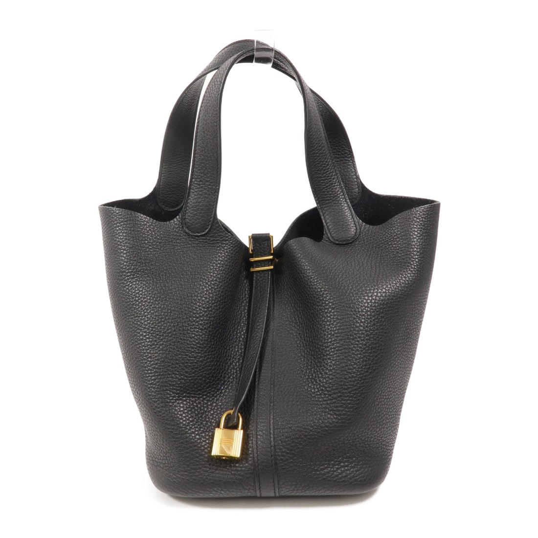 Hermes Picotin MM Clemence Noir: Taurillon Clemence calfskin tote in Noir black with GHW. Includes cadena. Size 18 x 22 x 22 cm; handle 36 cm.