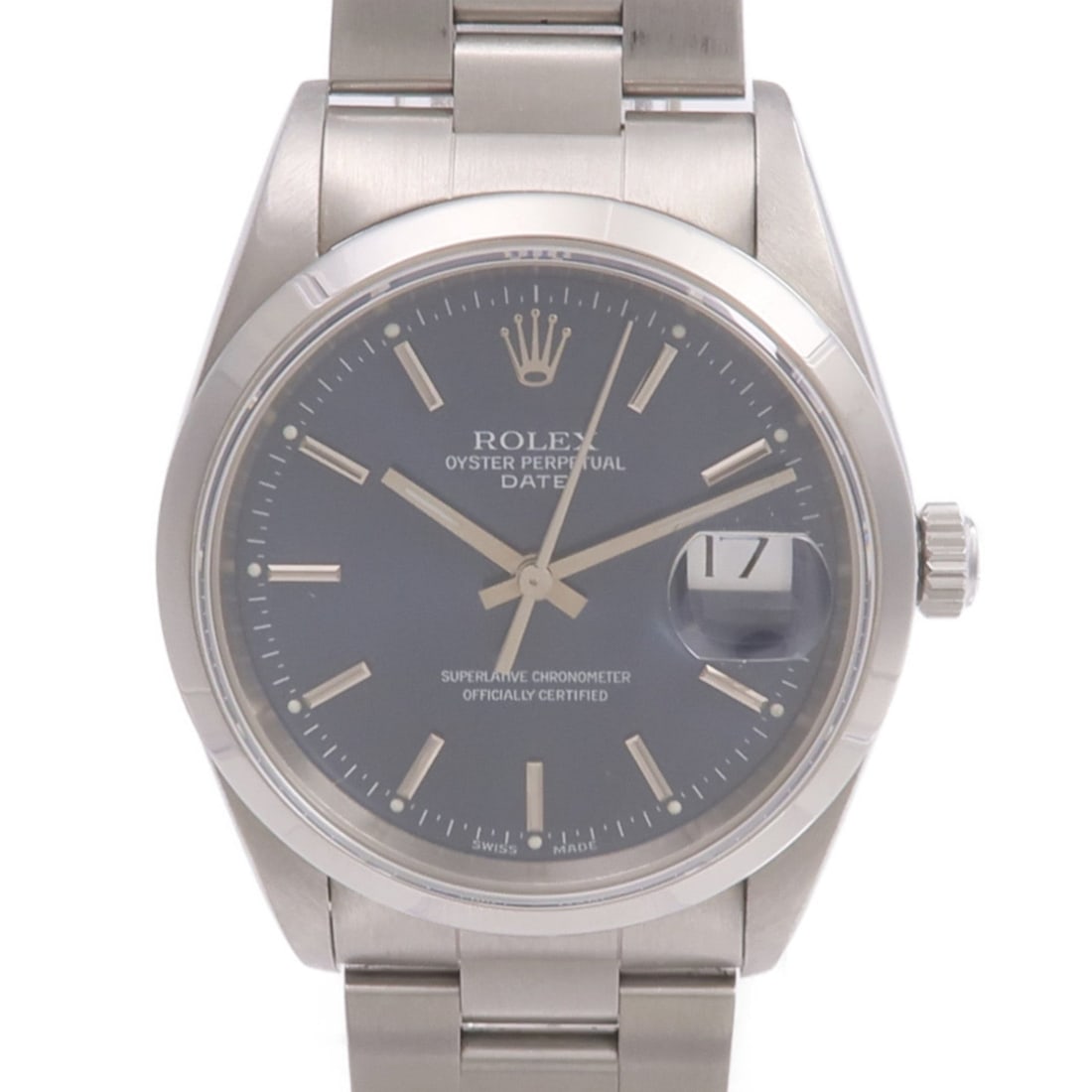 Rolex Oyster Perpetual Date Auto SS Blue: Automatic watch in stainless steel, blue color. Accessories: none. Case diameter 34mm; max arm circumference 14cm; band width 14-18mm.