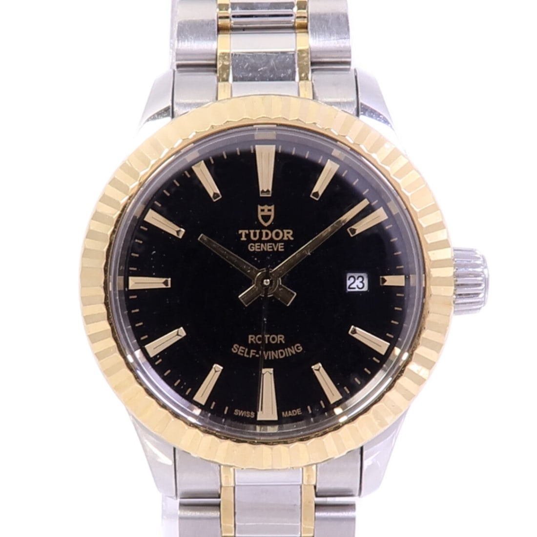 Tudor Style Auto SS K18 YG Black: Automatic watch in stainless steel and K18 yellow gold, black / black color. Accessories: guarantee. Case diameter 28mm; max arm circumference 17cm; band width 9-11mm.